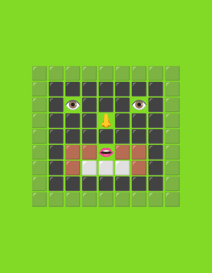 An abstract depiction of a face is formed using square tiles against a bright green background. The face is centered and comprises a grid of tiles. The outer border of the face is made of light green tiles, and the next inner layer is composed of dark grey tiles. Within this dark grey border, the facial features are represented by specific tiles. Two brown tiles with detailed eyes are positioned horizontally. Below and between the eyes, a yellow tile represents the nose. The mouth is depicted with pink tiles forming an open mouth shape, with two white tiles in the center. Some brown tiles are interspersed within the grid, particularly around the mouth area. The overall impression is a stylized, pixelated representation of a face.