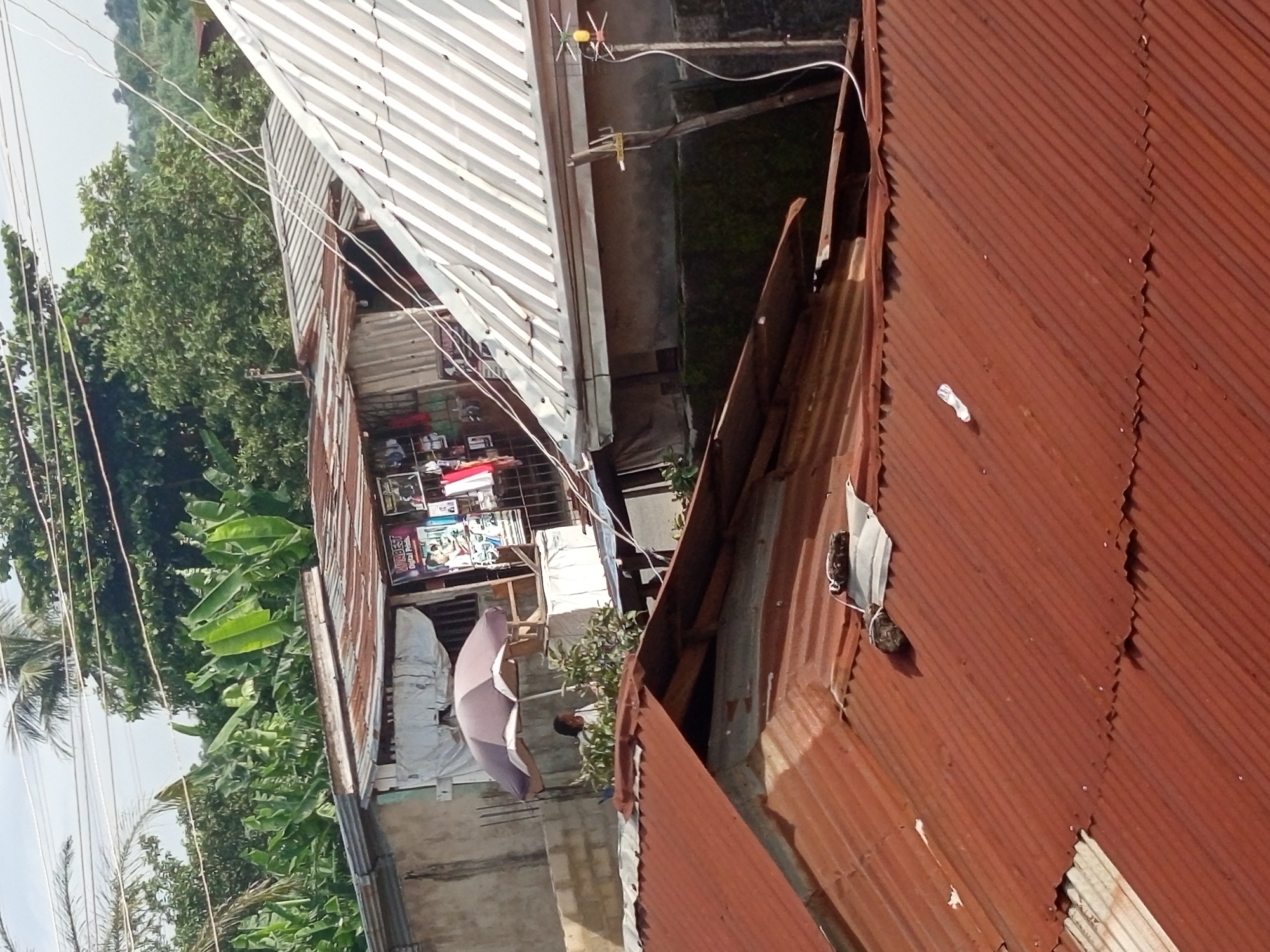 The image presents an elevated view of a residential area in Atani, Nigeria. Two corrugated metal roofs dominate the foreground, one rusted brown and the other silver. A person is visible standing near the edge of the silver roof. Power lines are strung overhead, near lush vegetation. The environment appears to be a dense urban area. Merchandise is displayed near a structure, suggesting a small shop or market.