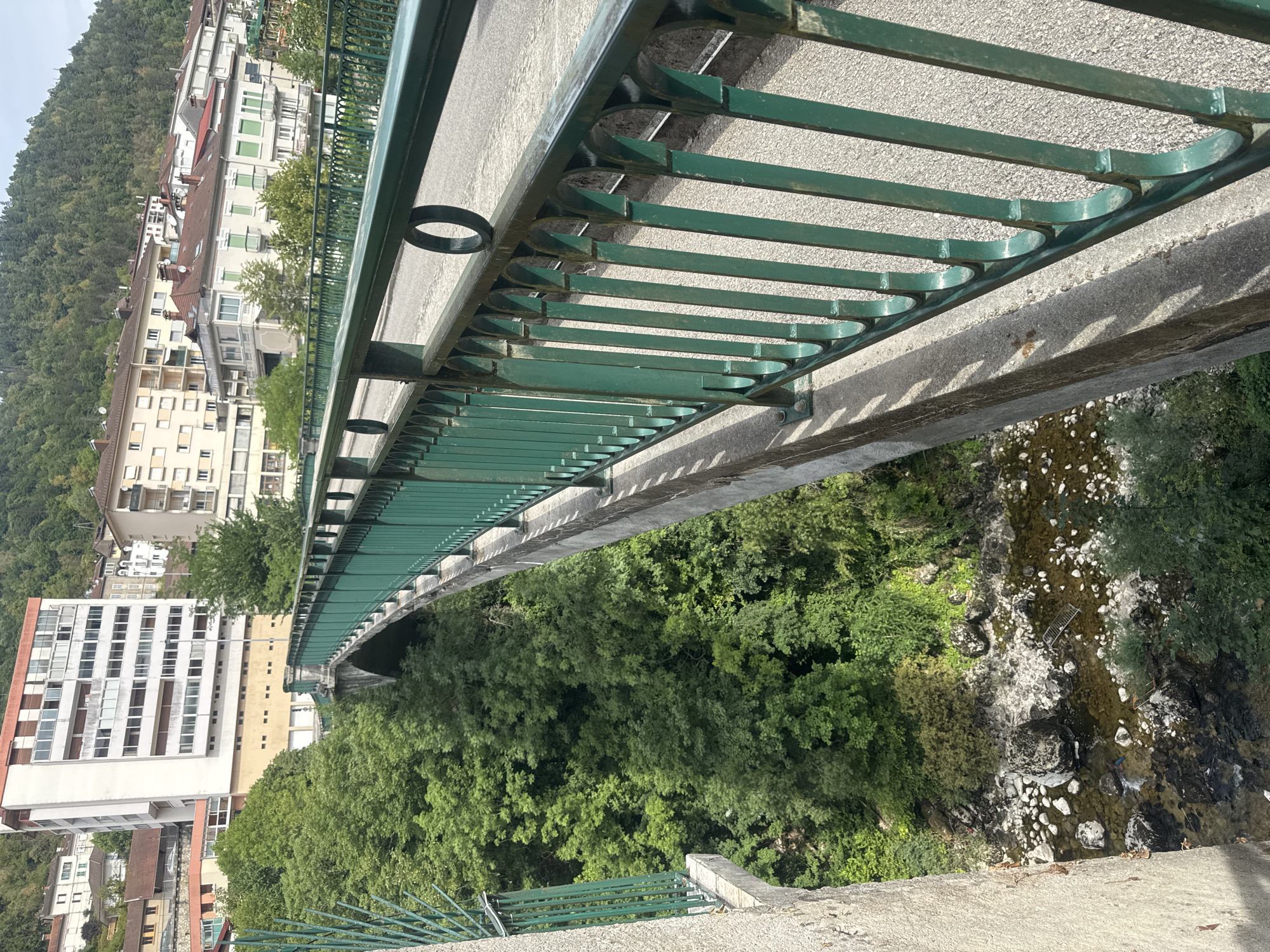The image shows a bridge in Saint-Claude, France. The bridge has a green metal railing with circular and arched decorative elements. A paved walkway is visible on the bridge. To the left and below the bridge, dense green trees cover a steep slope. A riverbed with rocks and shallow water is visible below the trees. In the background, a multi-story white and beige building with numerous windows is prominent, set against a backdrop of hills covered in trees. Other buildings with red-tiled roofs are also visible further up the hillside. The lighting suggests it is daytime.