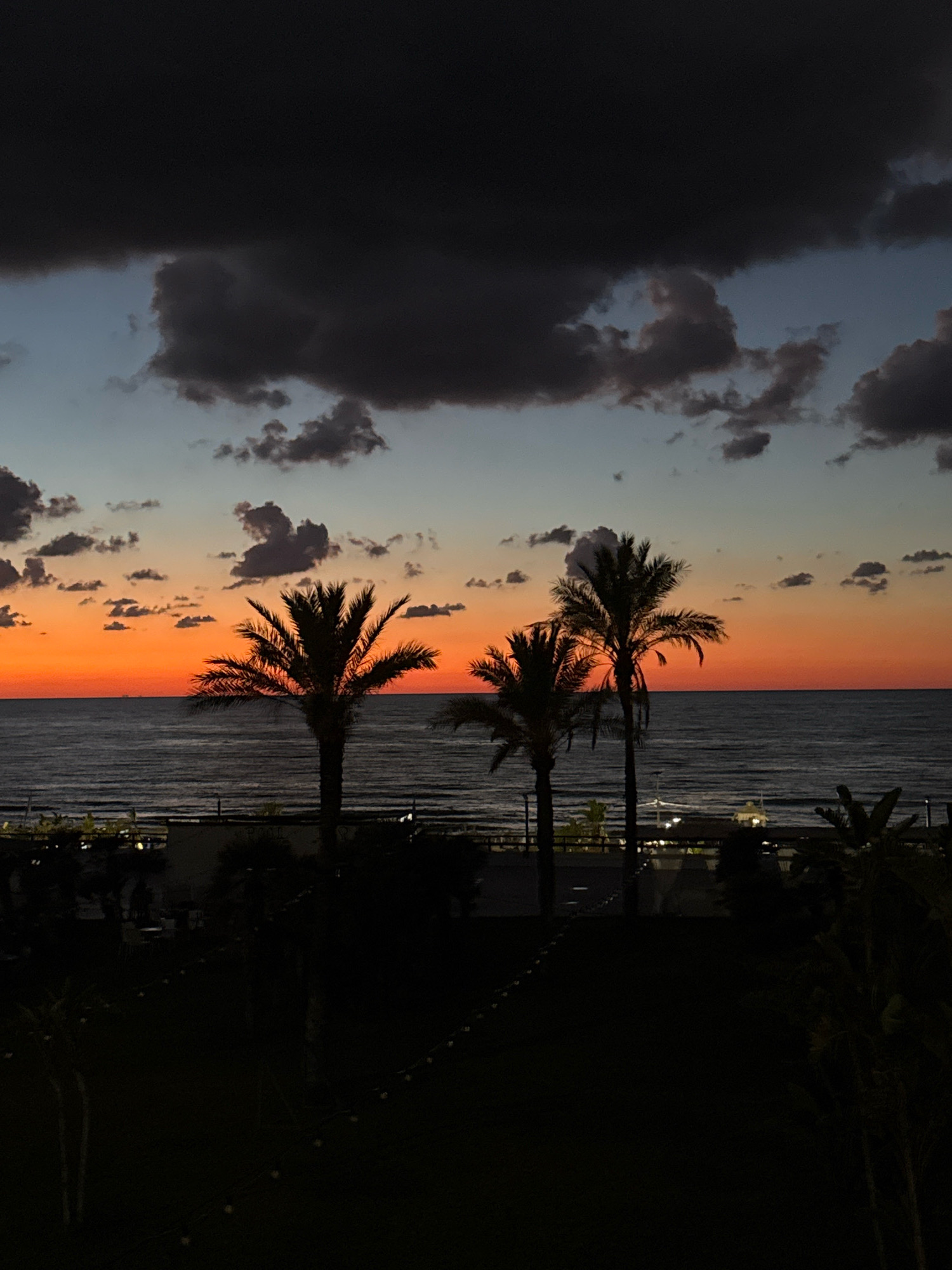 This image captures a twilight scene at the beach in Isola delle Femmine, Italy. The sky is a dramatic gradient of dark clouds at the top, transitioning to lighter blues and then to a vibrant orange and pink sunset near the horizon. Silhouetted palm trees are prominent in the foreground, with their fronds stark against the colorful sky. The sea is visible below the horizon, appearing dark and calm with gentle waves. In the middle ground, there are structures that appear to be part of a resort or hotel, with some lights visible. The foreground is dark, featuring a lawn or garden area with decorative lights strung along a path, though most of the detail is obscured by shadow. There are no people visible in the image.