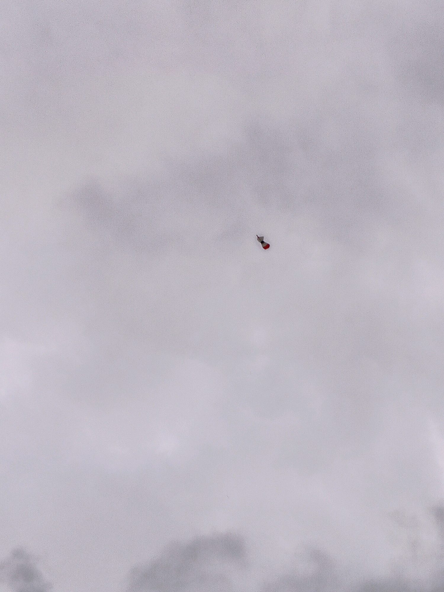 A small, red and black kite is visible in the upper center of the frame, against a cloudy, overcast sky. The kite appears to be the only object of interest in the otherwise featureless sky. There is no indication of the city of Denpasar, Indonesia, or any specific location within it, in the image.