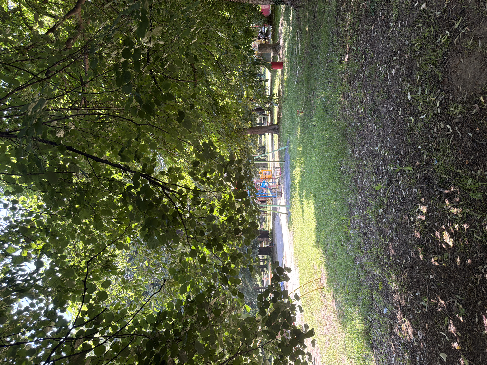 An outdoor scene captured on a sunny day shows a playground area under the shade of large trees. In the foreground, the ground is a mix of dark soil with scattered leaves and patches of green grass, dappled with sunlight and shadows cast by the overhead foliage. To the left, a yellow metal ladder, part of a playground structure, is visible against the green grass.
Further into the frame, a playground with colorful equipment, including swings and a slide, is set up on a sandy or gravel surface. Several children are present, actively engaged on the playground. The surrounding area features more trees, some with visible trunks, and a reddish-orange cylindrical object, possibly a trash can, stands near the base of a tree on the right. The overall impression is a well-maintained park or recreational area within a city, likely Pazardzhik, Bulgaria, judging by the context of the prompt.