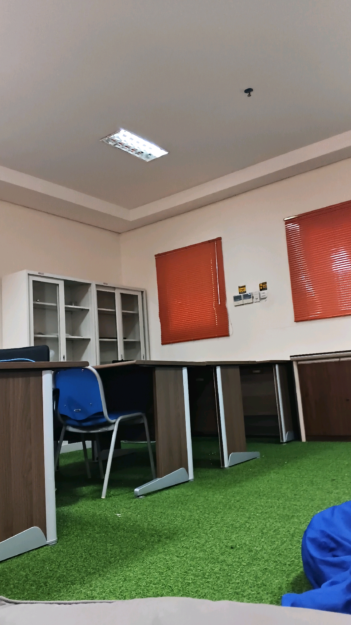 The image depicts an office space with green turf carpeting. In the foreground, a blue chair is visible under a desk. To the left, a white metal cabinet with glass doors stands against the wall. Further into the room, two windows with orange blinds are present. A fluorescent light fixture is mounted on the ceiling. The overall impression is that of a functional office environment. The location in Lohbener, Indonesia is not discernible from the image itself.