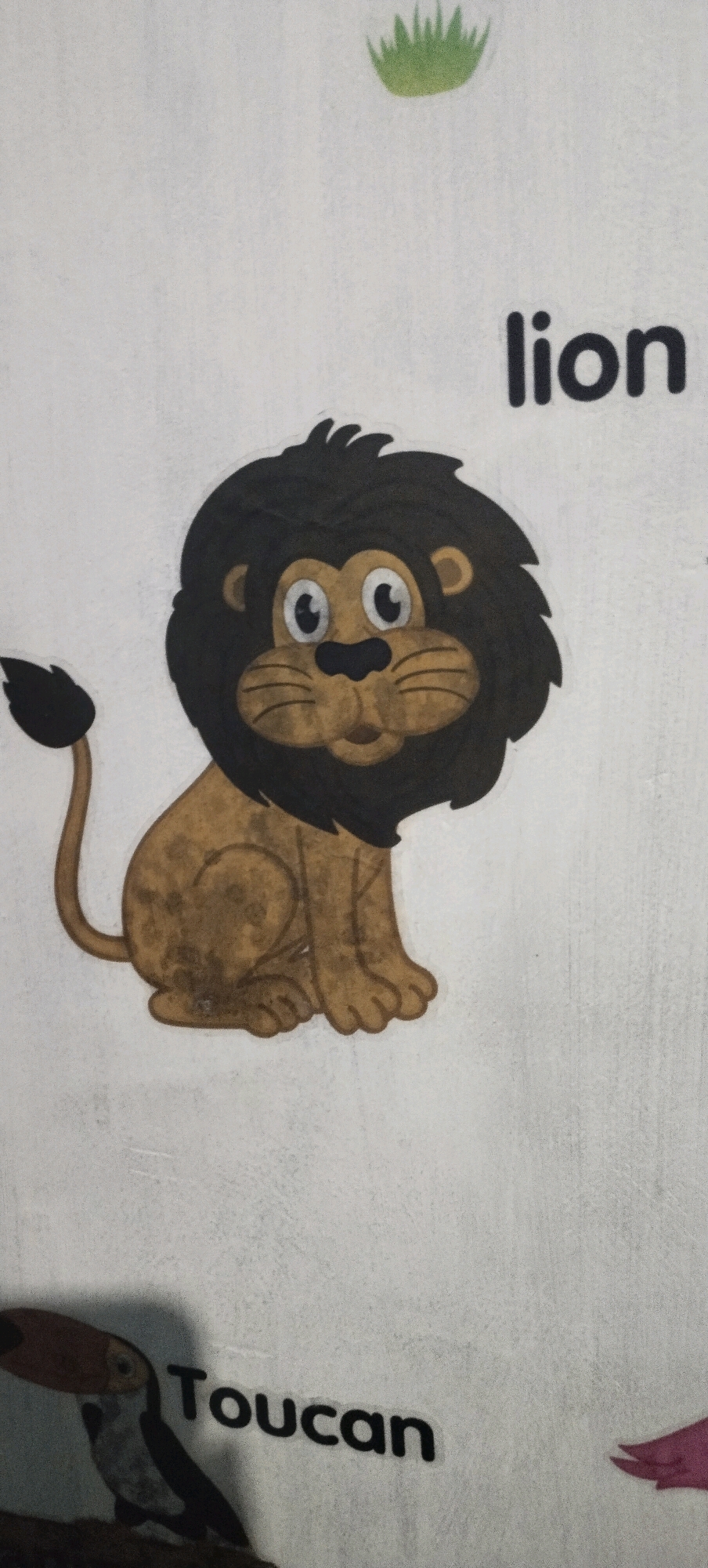 The image displays an illustration of a cartoon lion and the word "lion" written in bold black font. The lion is depicted sitting, with its tail curled, and it has a mane of black hair. It has large, expressive eyes and a friendly facial expression. In the lower left portion of the image, there is an illustration of a toucan, and the word "Toucan" is written next to it. The background is a plain white surface, possibly a poster or a page from a children's book. There is no discernible information or context within the image to suggest its location in Daleman, Indonesia.