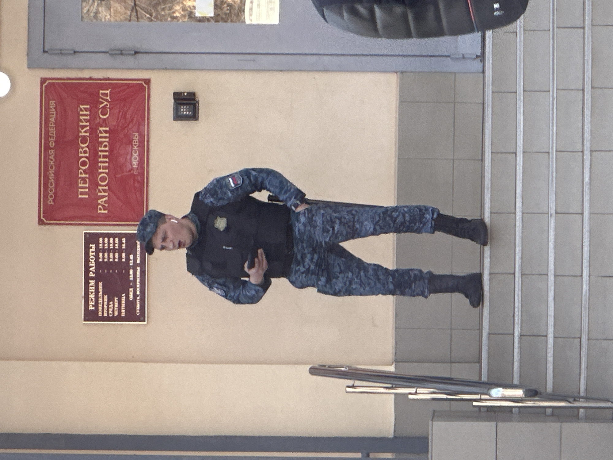 The image shows a uniformed officer standing in front of the Perovsky District Court in Moscow, Russia. The building is light beige with a brown framed sign stating the court's name and its affiliation with the Russian Federation. To the left of the officer is a second sign, detailing the operating hours of the court. The officer is wearing camouflage pants and a dark vest. The background includes part of a doorway, an intercom system, and steps with metal rails.