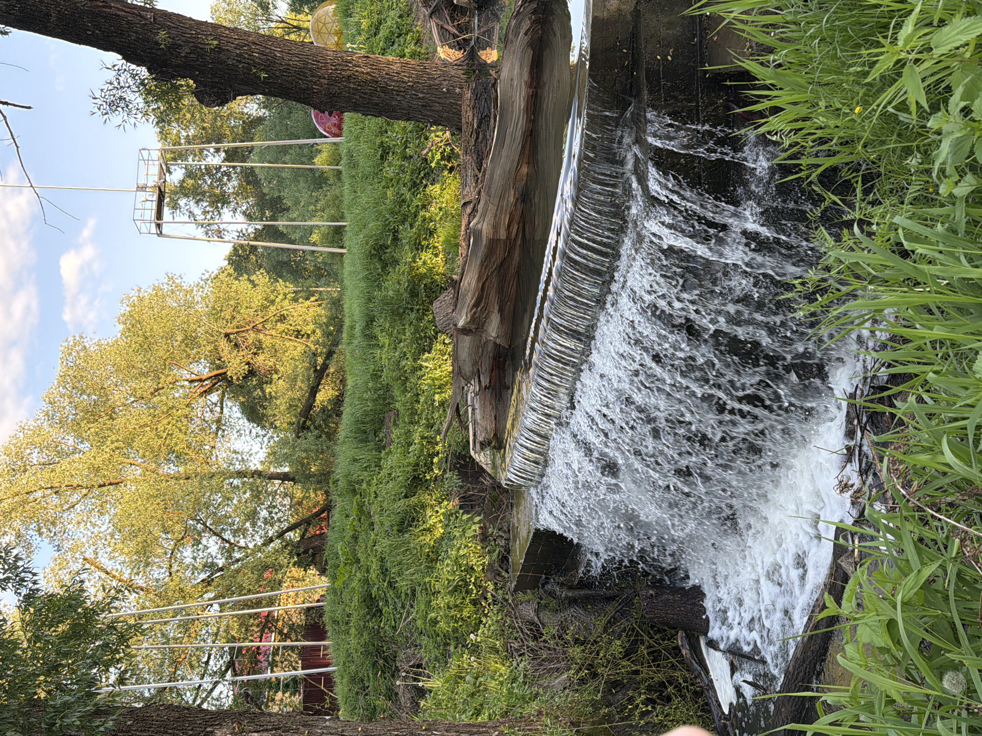 The image depicts a small waterfall in a natural setting. The water cascades over a concrete structure into a pool below, with abundant vegetation surrounding the area. The waterfall is adjacent to a tree trunk and grassy bank. In the background, a metal structure with horizontal bars is visible amidst the trees, along with some colorful, spherical objects, potentially balloons. The image is taken at ground level. Without additional visual cues or evidence, precise coordinates within Sin'kovo, Russia cannot be determined.