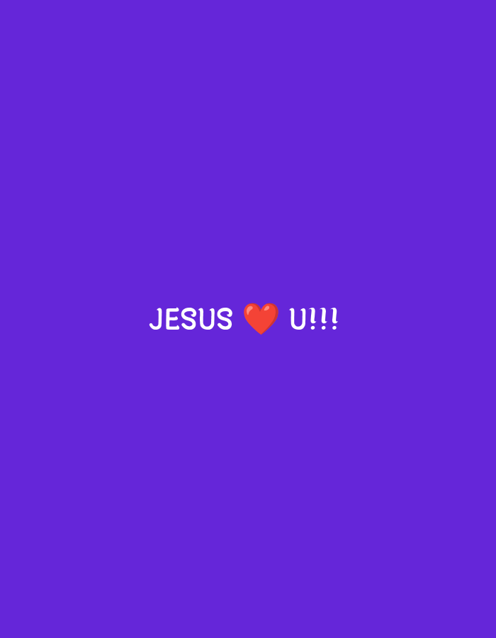 The image is a simple, digital graphic with a solid purple background. In the center of the image, the text "JESUS ❤️ U!!!" is displayed in white. The heart emoji is red and is positioned between "JESUS" and "U!!!". There are no people, objects, or environmental details present in the image. The image does not contain any information about the city of Kuta Selatan, Indonesia.