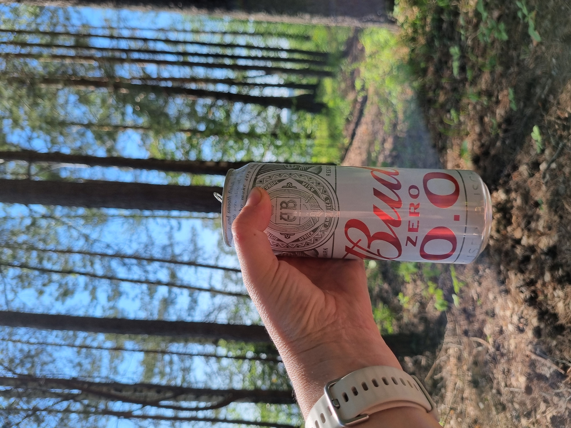A hand holds a can of Budweiser Zero 0.0 in a blurred, outdoor setting. The backdrop features tall trees reaching up towards a blue sky. The wrist of the hand wears a white fitness tracker. The scene is on the edge of a forest.