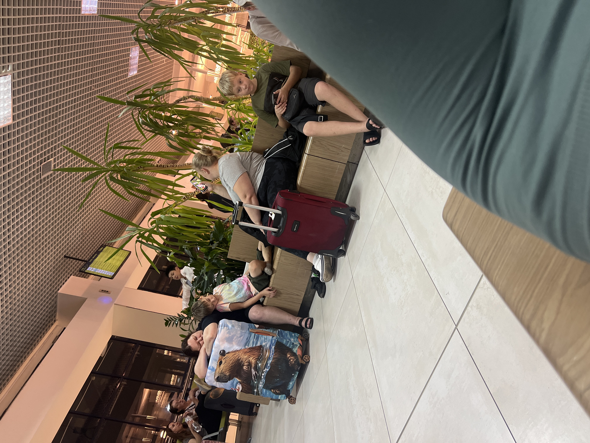 The image depicts a group of people waiting in what appears to be an airport or a train station lounge, characterized by rows of seating, potted plants, and a tiled floor. The individuals are seated on a bench, with luggage nearby, suggesting travel. One person is sleeping, leaning on a suitcase adorned with a graphic of a beaver. Another individual is looking at their phone. A young boy is also seated, engaged with his phone. The environment is indoors with overhead lighting and a patterned ceiling. The presence of an airport departure board in the background confirms the location as Chișinău International Airport in Chișinău, Moldova.
