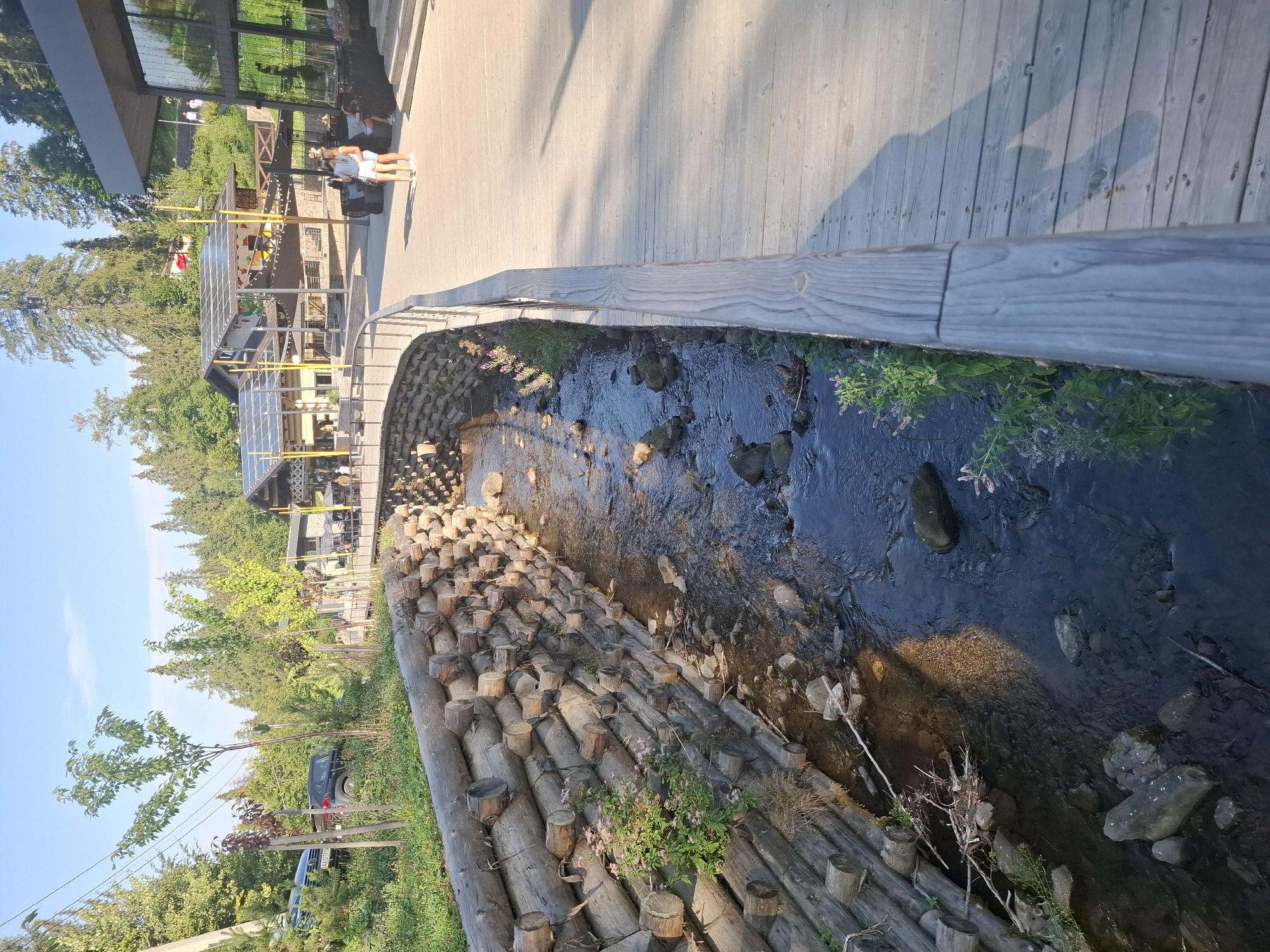 The image depicts a serene outdoor scene, possibly a resort area in Podobovets, Ukraine. The foreground features a flowing stream with a rock-lined bed, bordered by a sturdy wooden retaining wall constructed from logs. A wooden walkway runs alongside the stream, offering a clear path for pedestrians.
In the background, several buildings with modern architecture and solar panels on their roofs are visible, suggesting a commitment to sustainable energy. A few people are seen casually walking and conversing on the walkway and near the buildings, enjoying the pleasant weather. The surrounding landscape is lush and green, with tall trees forming a dense forest that stretches towards the clear blue sky. The lighting indicates it is late afternoon or early evening, with the sun casting long shadows across the scene.