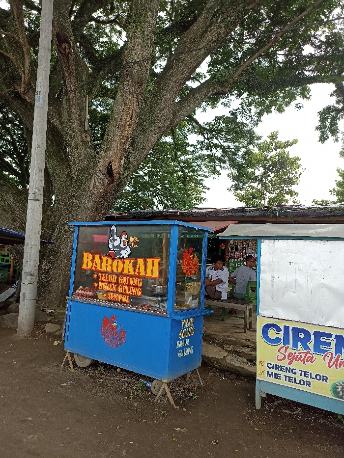 The image captures an outdoor scene featuring street food vendors under the shade of a massive tree. In the foreground, a bright blue food cart with a glass display is positioned on the left. The cart is adorned with the prominent red and yellow text "BAROKAH" and a cartoon chicken logo. Below "BAROKAH," a menu lists items such as "* TELOR GULUNG" (Egg Roll), "* BIHUN GULUNG" (Vermicelli Roll), and "* SEMPOL" (a type of fried chicken skewer). Eggs are visible inside the cart's display area. A concrete utility pole stands immediately to the left of the blue cart.
To the right of the blue cart, a white and yellow sign is visible, advertising "CIRENG Sejuta" (Cireng a Million...). Below this, checkboxes indicate "CIRENG TELOR" (Cireng with egg) and "MIE TELOR" (Noodle with egg). Behind these food stalls, a small, simple structure with a roof provides a seating area. Two men are seated on a wooden bench or low platform in this area, appearing relaxed. One man wears a light-colored shirt, and the other a darker one. They seem to be socializing or resting.
Dominating the midground and background is an enormous, old tree with a thick, textured trunk and extensive, leafy branches that form a wide canopy, providing ample shade. The ground in the immediate foreground is unpaved, showing dirt and some sparse vegetation. The overall setting suggests a casual, local street food environment, likely in Southeast Asia, given the visible text in Indonesian. The lighting indicates it is daytime, possibly a slightly overcast or late afternoon setting, as the light is soft and diffused, with no harsh shadows.