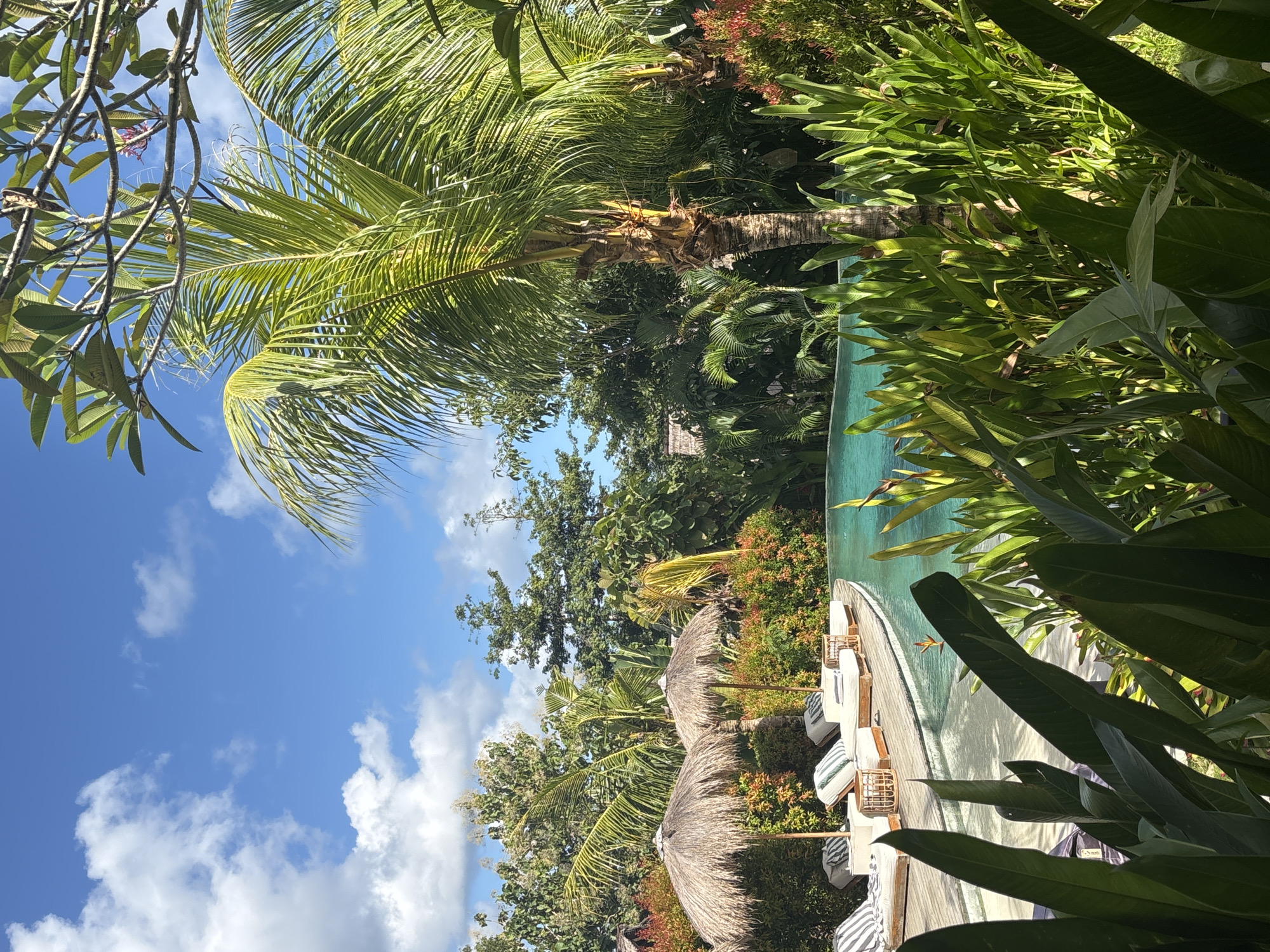 The image shows a tropical scene in Kuta Selatan, Indonesia. A bright blue sky with scattered white clouds is visible above lush green foliage. A tall palm tree with feathery fronds dominates the left side of the image. A swimming pool with turquoise water runs along the right side, surrounded by tropical plants. Sun loungers with striped cushions are arranged on a wooden deck next to the pool, shaded by thatched umbrellas.