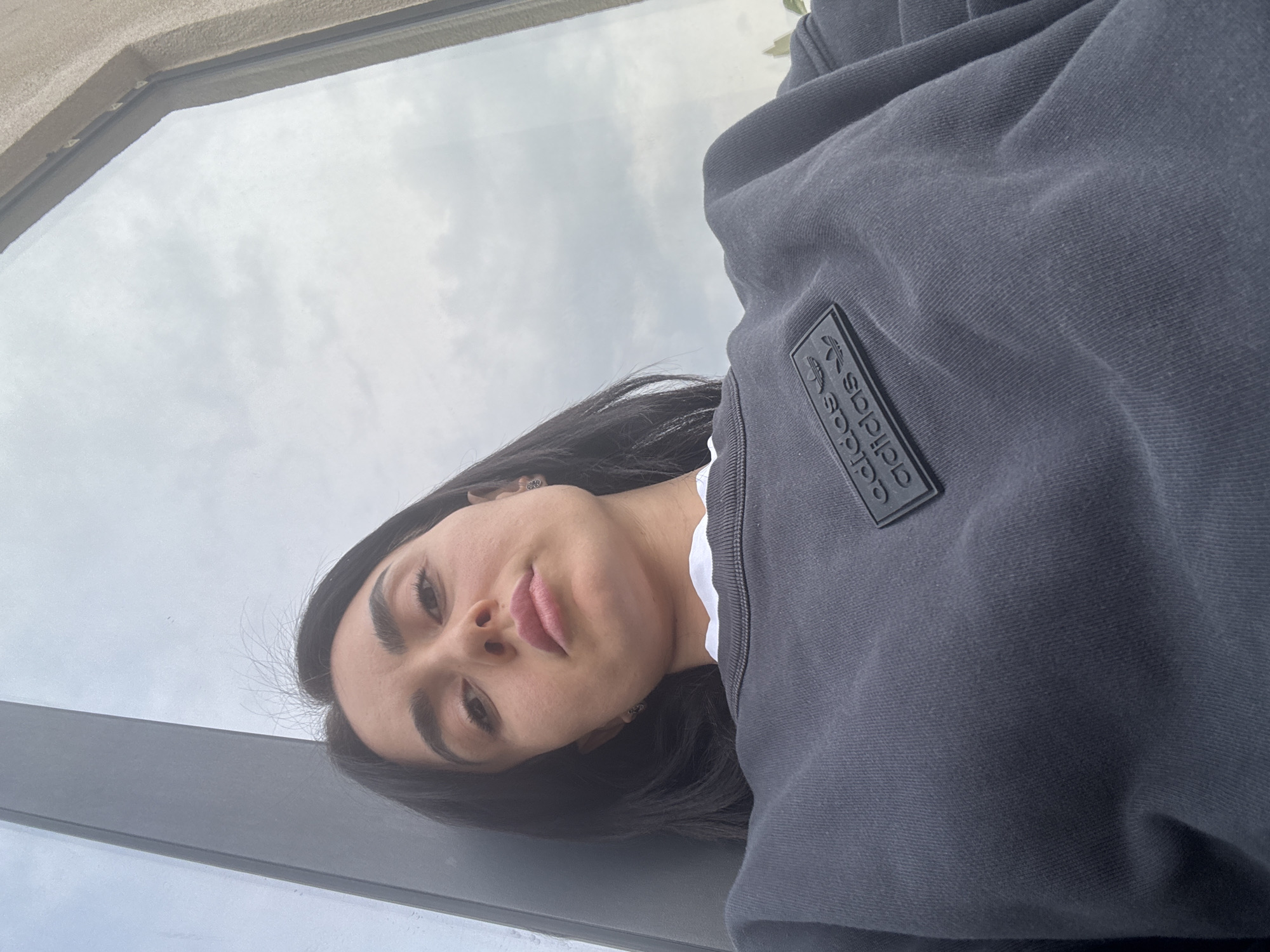 The image displays a low-angle, head-and-shoulders portrait of a young adult female with dark, straight hair, dark eyebrows, and a neutral expression, gazing directly at the viewer. She exhibits fair skin and wears small, dark, intricate earrings in both ears. Her attire consists of a dark gray long-sleeved sweatshirt, featuring a black rubberized "adidas" logo with text and the three-stripe emblem prominently positioned on the upper left chest. A white collar is visible beneath the sweatshirt's neckline. The subject is situated adjacent to a vertical dark gray structural element that occupies the left portion of the frame. To her right, a large window or glass panel reflects an overcast sky characterized by uniform light gray cloud cover. The window is partially framed by a light-colored, textured material, possibly stucco, visible on the far right. No specific landmarks or unique architectural features are visible within the image to pinpoint a precise location within Tbilisi, Georgia.