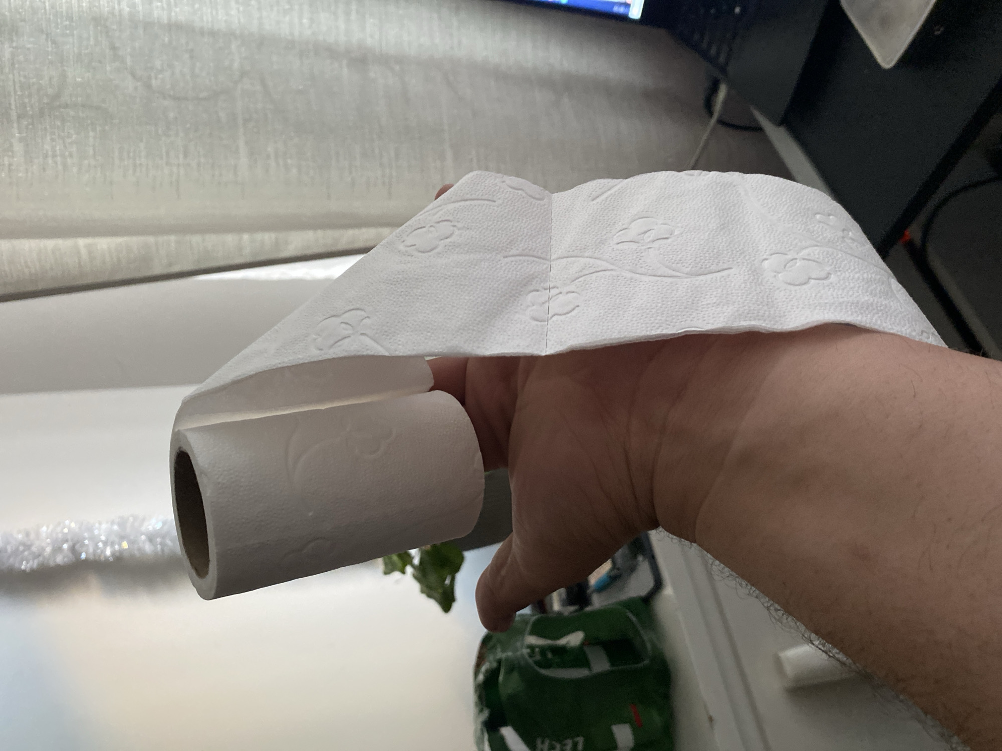 A person's hand holds a roll of toilet paper, with several sheets unspooled and draped over the palm. The toilet paper has a subtle embossed floral pattern. In the background, a sheer curtain is visible, as well as a portion of a laptop and a green package that appears to be a multi-pack of toilet paper. The scene is indoors, likely in a domestic setting. There is no indication of the specific location in Szczecin, Poland.