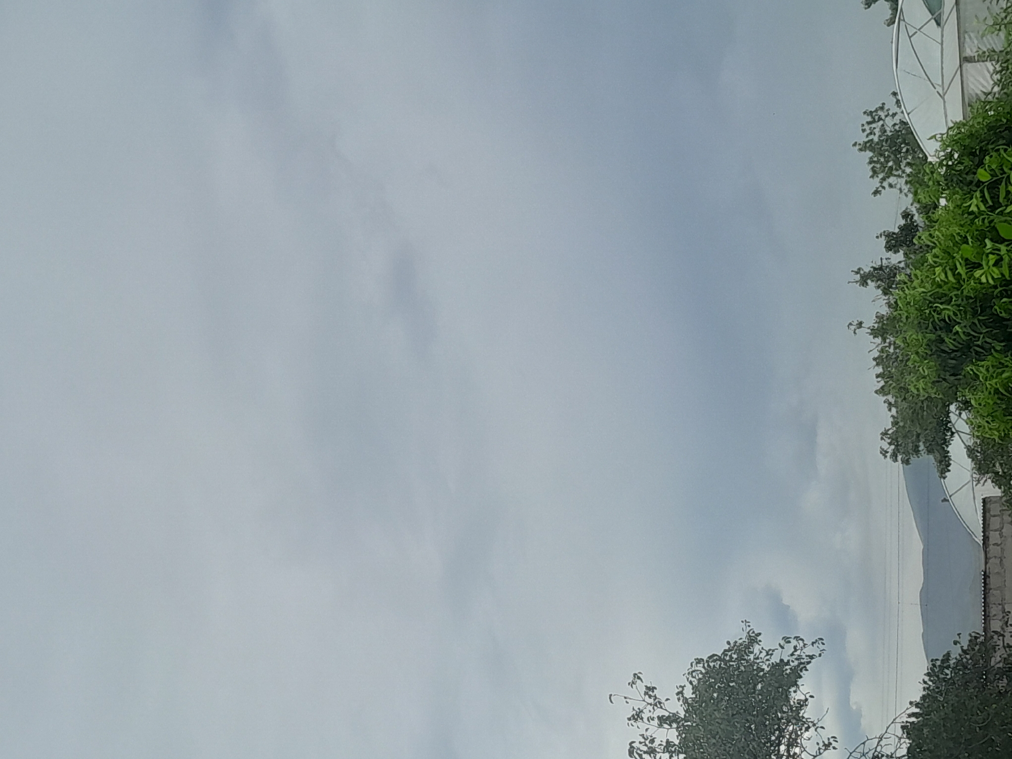 The image shows a landscape with a cloudy sky. In the foreground, there are trees and some structures, possibly greenhouses. In the background, there are mountains. The scene appears to be in a rural or semi-rural area. There are no people visible in the image.
