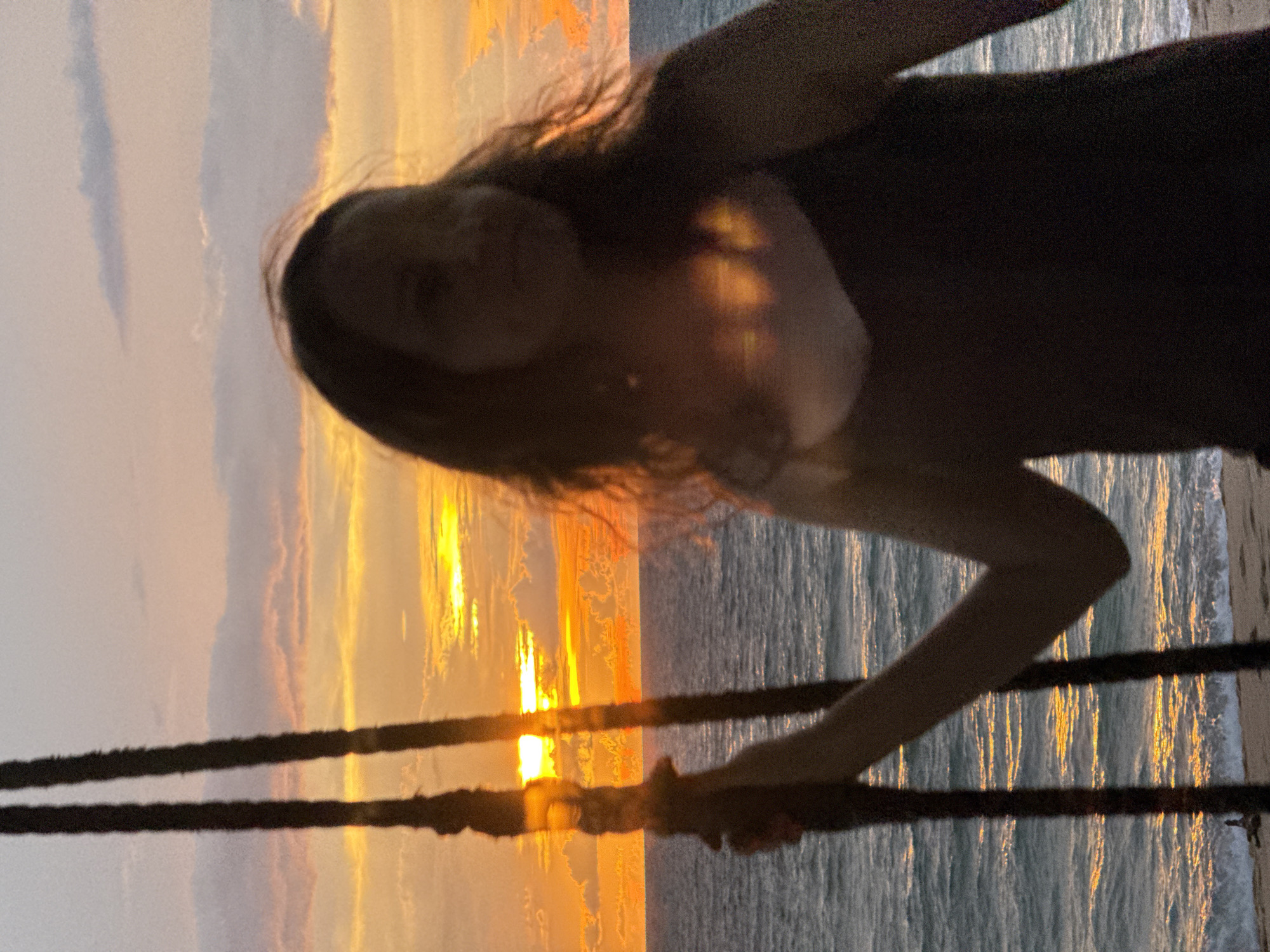 The image shows a blurry silhouette of a person on a swing, with the sunset visible in the background over the ocean. The person is wearing a dark top. The swing ropes are prominent in the foreground, obscuring parts of the scene. The sky is filled with orange and yellow hues, indicating a sunset. The ocean appears calm with small waves lapping at the shore. The location is identified as Unknown, Unknown.