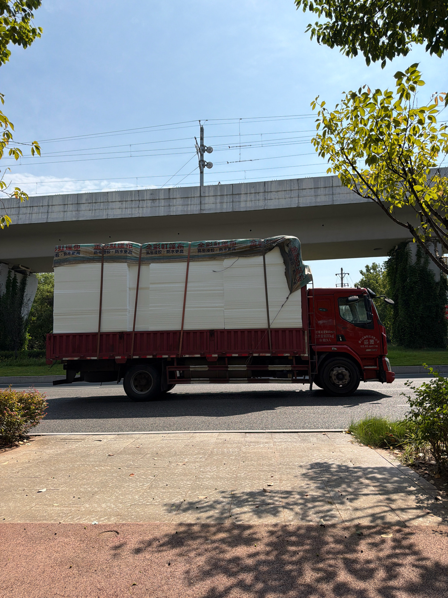 A red truck carrying a large stack of white, rectangular material is driving on a road beneath an elevated overpass. The truck is moving from left to right. The material on the truck is covered with a patterned tarp, secured by straps. The overpass is concrete, and overhead power lines are visible. Trees with green and yellow leaves frame the scene. The road is asphalt, and there is a sidewalk with patterned tiles in the foreground, showing dappled shadows from the trees. The sky is clear and blue. The scene appears to be in Jiangjin, China, indicated by the text on the truck's side, which includes Chinese characters and what appears to be a phone number. There are no people visible in the image.