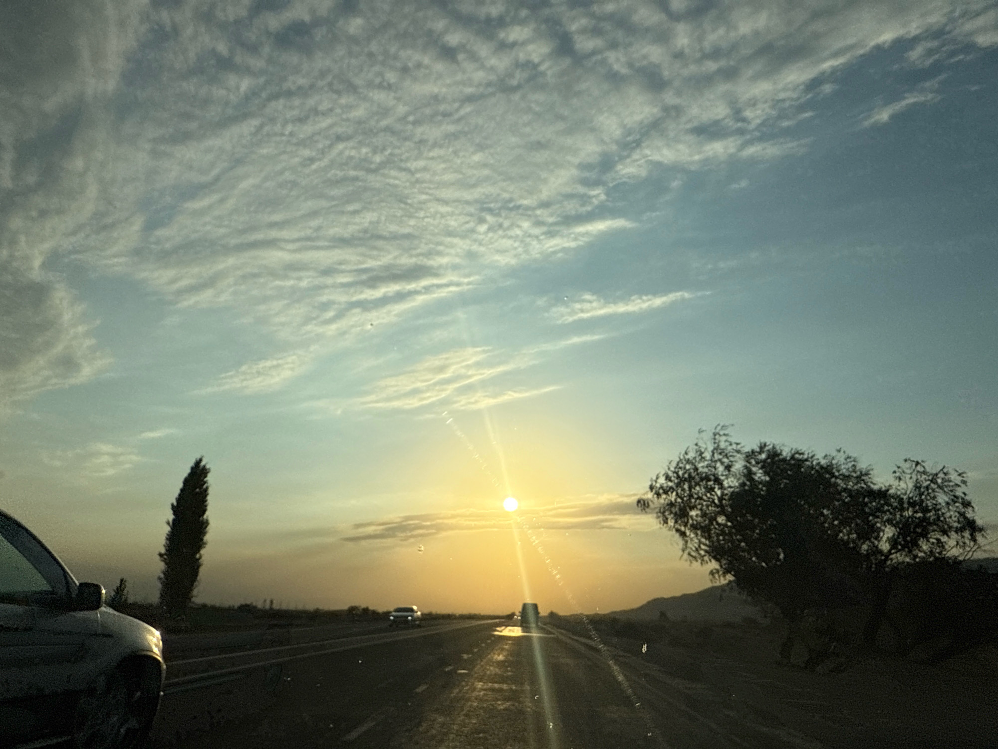 The image depicts a view from inside a vehicle traveling on a highway in Chüy, Kyrgyzstan, during what appears to be sunset. The sky is a gradient of soft blues and yellows, with streaks of wispy white clouds. The sun, a bright orb, is low on the horizon, casting a strong glare and lens flare across the scene. The highway stretches into the distance, appearing wet and reflective, with lane markings visible. Several cars are on the road, some appearing as blurs due to motion. To the left, the front corner of the vehicle from which the photo is taken is visible, showing a portion of the hood and windshield. On the right side of the road, a large, silhouetted tree with sparse foliage stands out against the lighter sky. Further in the distance, a tall, slender tree is visible on the left, and rolling hills form the background on the right. The overall impression is one of a scenic road trip through a rural or semi-rural area at dusk.