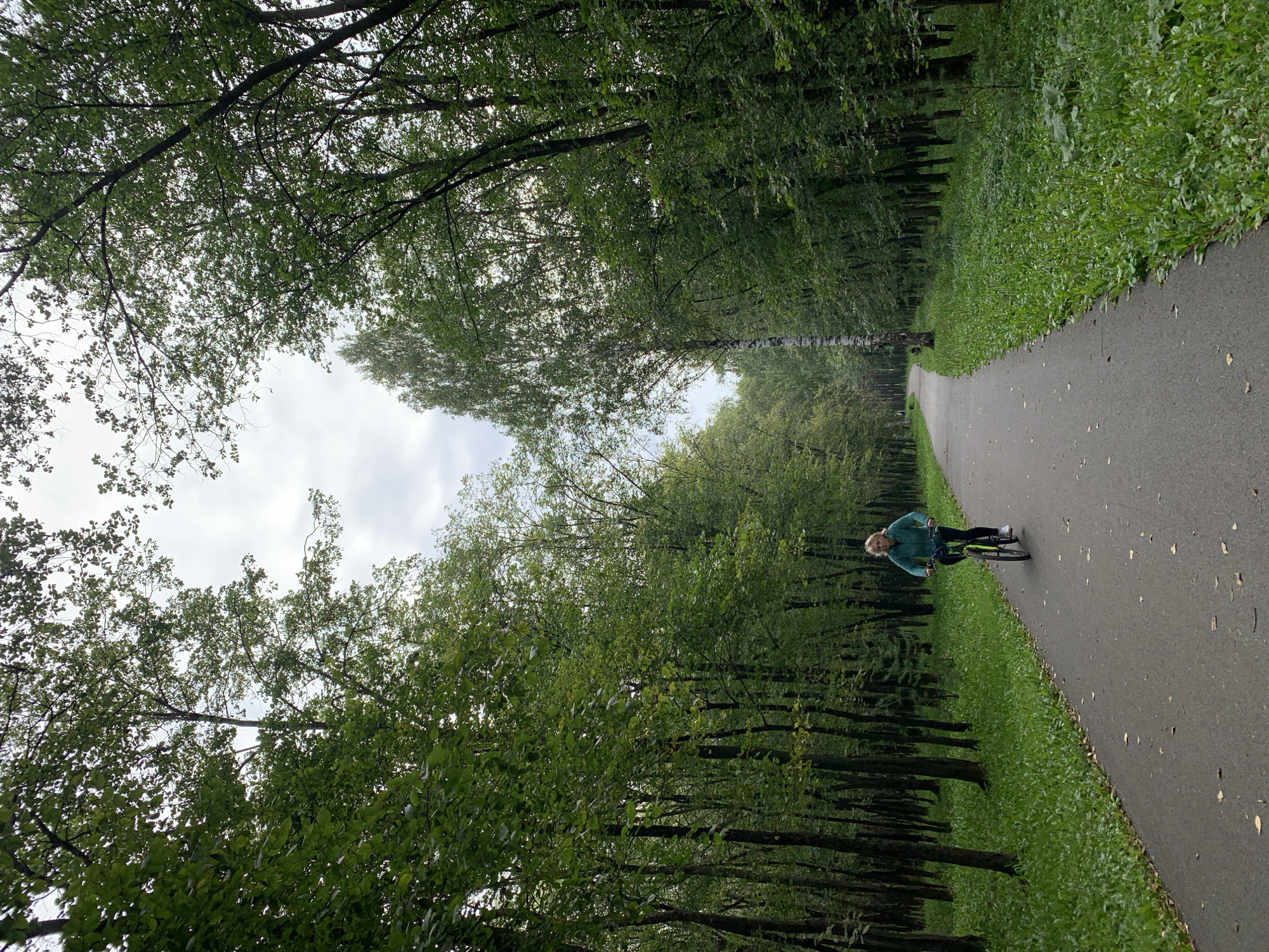 A woman is cycling on a paved path through a forest in Prokopyevsk, Russia. She is wearing a teal jacket and black pants. The path is surrounded by tall green trees with lush foliage and a grassy area to the side. The sky is overcast, creating a soft, diffused light. The scene appears to be a park or a forested area within the city, popular for outdoor recreation.