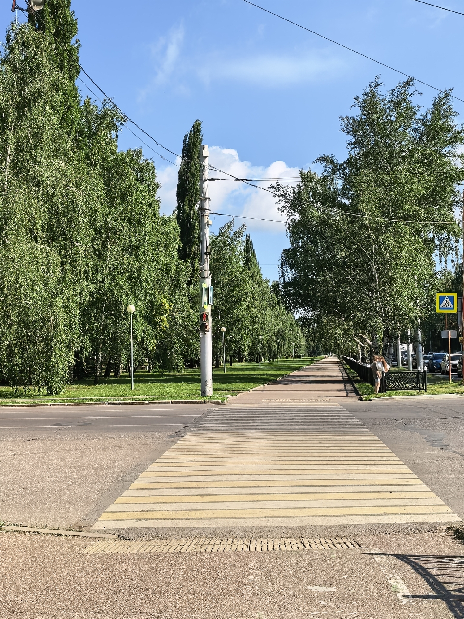 The image shows a pedestrian crossing with yellow and white stripes leading into a tree-lined avenue in Sterlitamak, Russia. The avenue is paved with light-colored material and bordered by lush green grass. A lamppost and a traffic light are visible on the right side of the avenue. In the distance, a person is walking along the avenue. The sky is blue with scattered clouds. A yellow pedestrian crossing sign is also visible on the right side of the image. The scene is set in a park or a suburban area, with tall trees on both sides of the avenue creating a canopy.
