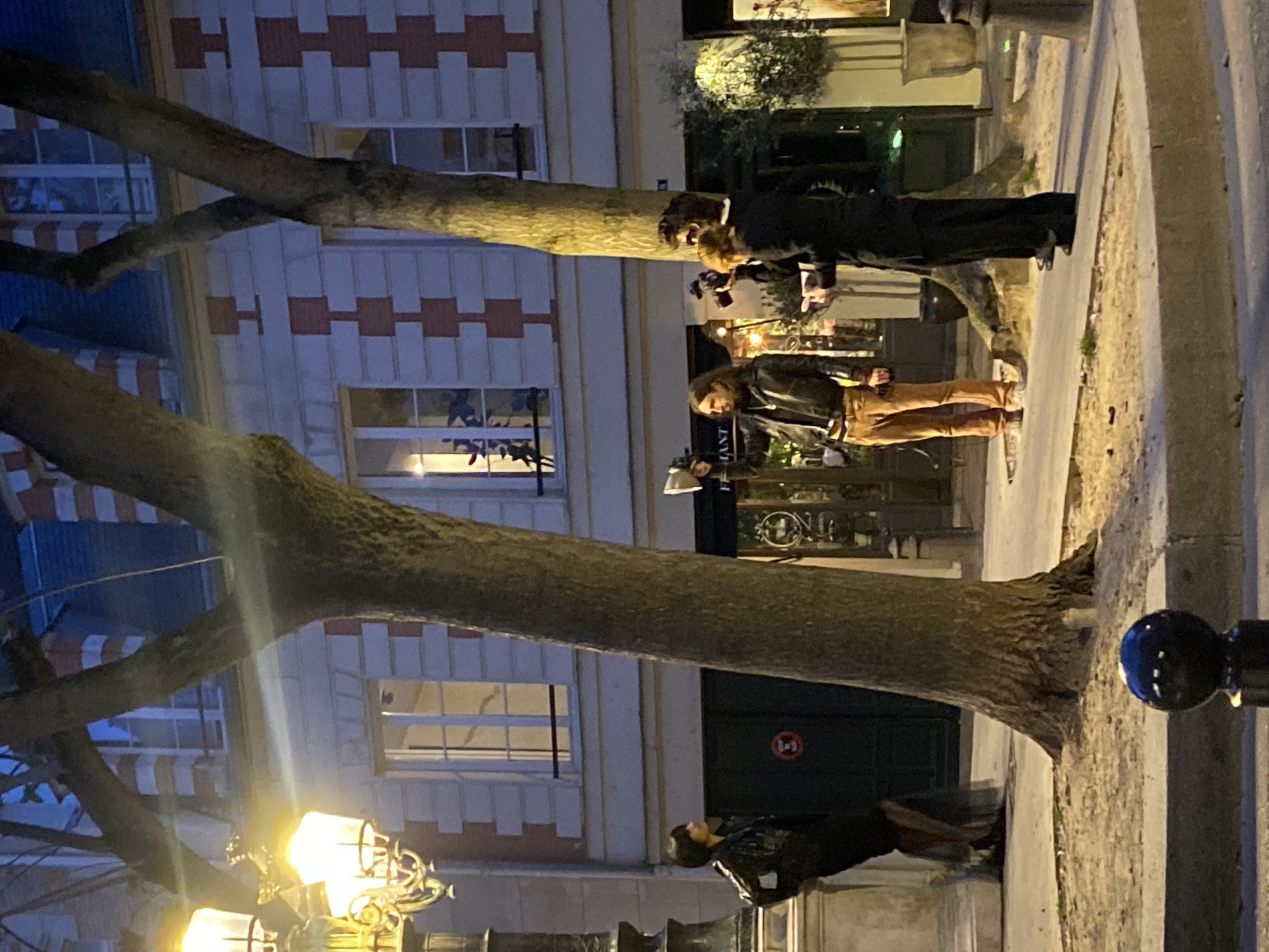 An evening street scene in an urban setting, likely Paris, features three individuals on a sidewalk lined with trees, against a backdrop of multi-story buildings. The artificial lighting indicates it is nighttime.
In the mid-ground, two people are standing near a tree trunk on the paved sidewalk. One person, wearing a dark jacket and reddish-brown pants, faces towards the right. The second person, to their right, wears a dark coat and appears to be holding a device, possibly a camera or smartphone, seemingly directed towards the first individual, suggesting they might be taking a photo or filming. Further in the foreground, to the left, another person in a dark jacket is visible, standing near an ornate streetlamp.
Two prominent tree trunks with rough bark rise from the sidewalk, their branches extending across the frame. The background reveals multi-story buildings with multiple windows and a distinctive architectural pattern of reddish-brown, H-shaped elements on a light-colored facade. An ornate, multi-bulb streetlamp in the lower-left corner emits a warm yellow light, illuminating parts of the scene. Another dark, spherical object, possibly a bollard, is partially visible on the far right of the sidewalk.
The scene is illuminated by these streetlights and interior lights from the buildings. The sky above is dark blue, consistent with nighttime. A small, circular red sign with white text or a symbol is visible on a dark door or shopfront in the background, but the details are illegible. Faint, light-colored text is also barely discernible on a shop window behind the person in brown pants, possibly including the letters "ANT".