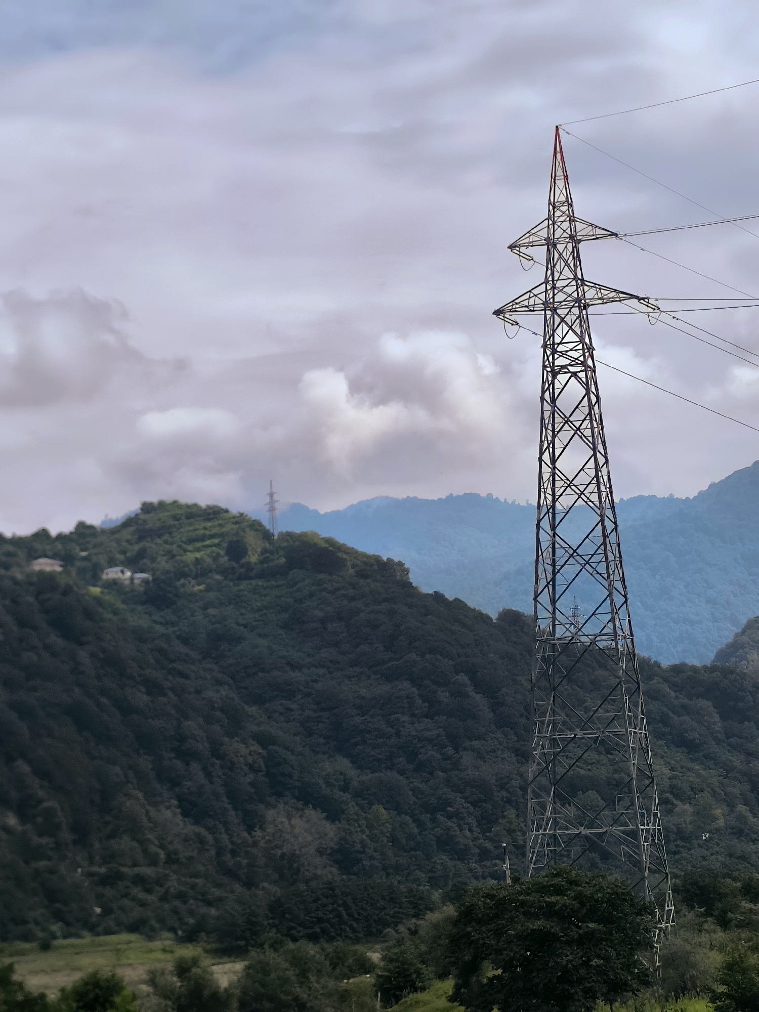 The image captures a tall, lattice-style power pylon positioned on the right side, silhouetted against a cloudy sky. The pylon is a metallic structure with crisscrossed supports and wires extending from its top. In the background, a lush, green mountainside dominates the left half of the frame, dotted with small structures that appear to be houses. Further back, layers of mist-shrouded mountains recede into the distance, creating a sense of depth. The foreground features scattered trees and foliage. The scene is natural and somewhat rural, with a distinct lack of urban elements. There are no people or animals visible in the image. The overall atmosphere is subdued, likely due to the overcast sky. The image is an outdoor, daytime shot with a vertical orientation.