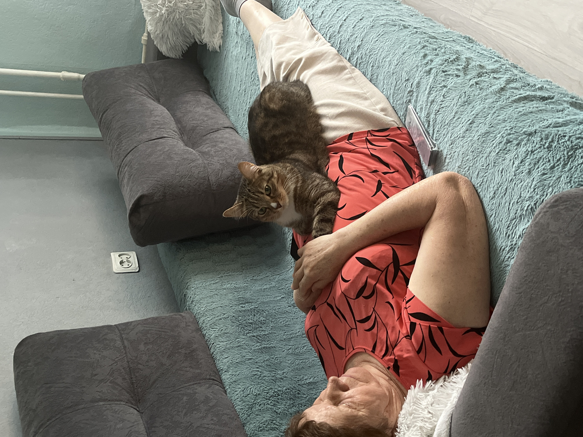 A person is reclining on a blue sofa with a brown tabby cat resting on them. The person is wearing a salmon-colored dress with black leaf patterns and light-colored pants. The cat is looking directly at the camera with a curious expression. The sofa has a gray cushion and is covered with a fuzzy blue blanket. A white electrical outlet is visible on the gray floor. A white radiator and a fluffy white object are visible on the wall. The image was captured in Izhevsk, Russia.