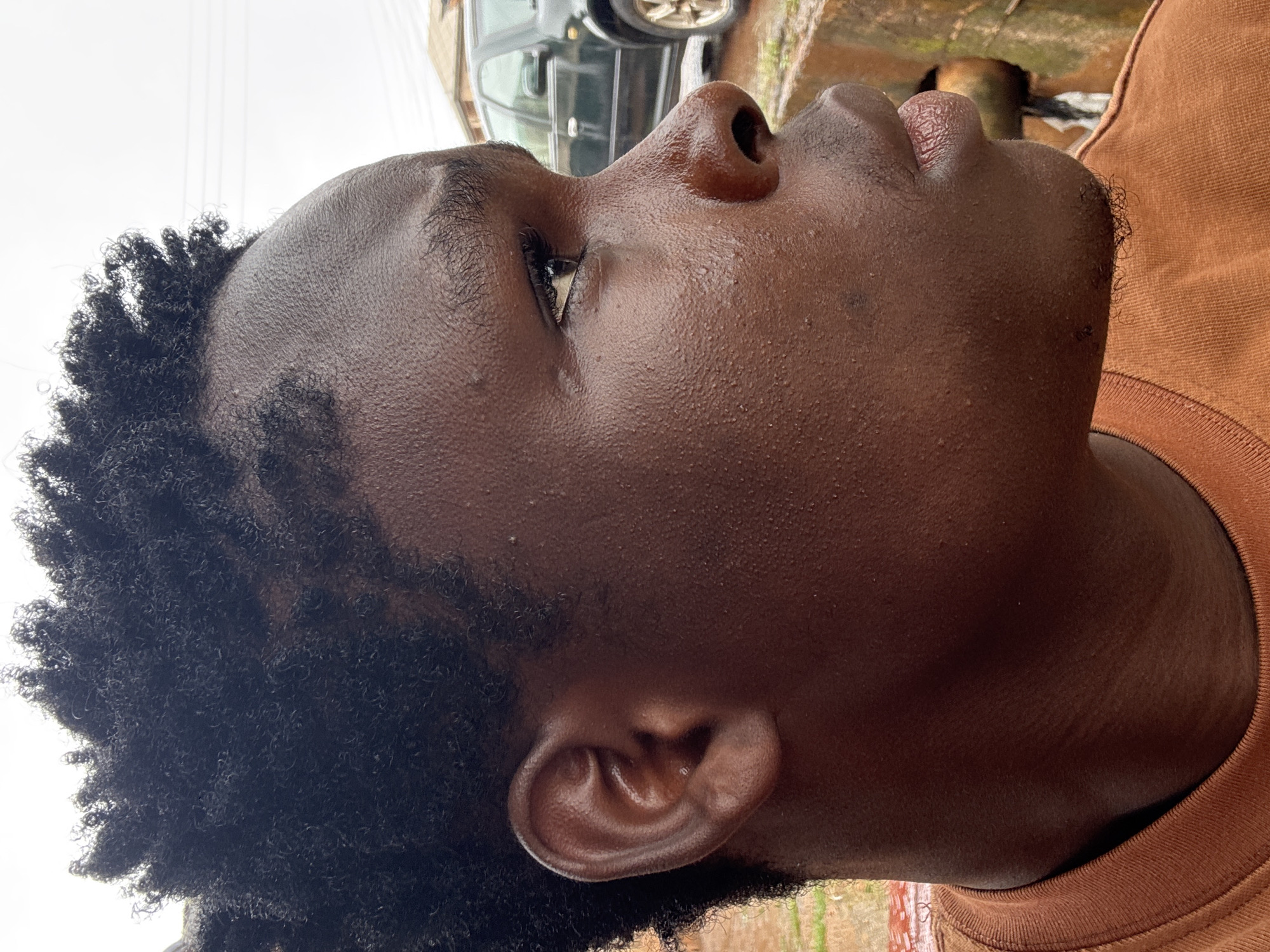 The image is a close-up, profile view of a young Black man's head and neck, taken outdoors in Enugu, Nigeria. He has dark, curly hair and dark skin. His face is turned to the right, and he is looking slightly upwards and to the right. His left ear is visible. The man is wearing a brown t-shirt. In the background, there is a green SUV, a brick wall, and some vegetation. The lighting suggests an overcast day.