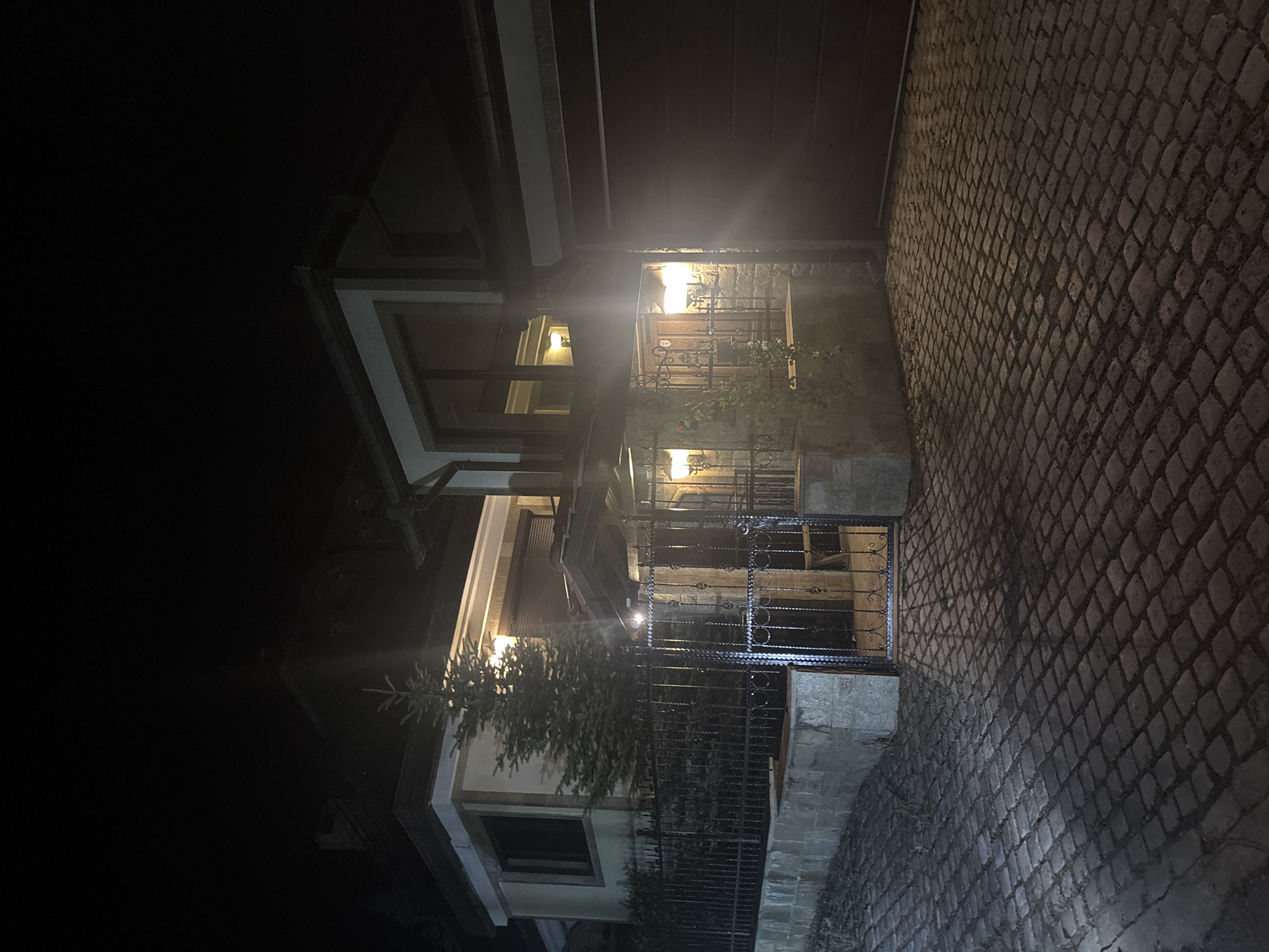 This image captures a nighttime exterior view of two residential buildings, a fence, a gate, and a cobblestone ground, situated in Kyustendil, Bulgaria. The scene is illuminated by multiple artificial light sources.
On the left, a two-story building features a light-colored facade with darker trim, an obscured upper window, and a visible ground-floor window. An evergreen tree stands between this building and a dark wrought-iron fence. A wall-mounted light fixture is present on its facade.
To the right, another building or a section of the same complex displays a stone-clad lower level around an entrance area, which is illuminated by two decorative wall lanterns. Above this, a lighter-colored facade with dark window frames includes a large second-story window. To the far right, a dark garage door is visible. The wrought-iron fence extends from the left, connecting to a matching gate that provides access to the stone-clad entrance area.
The ground in the foreground is paved with dark, irregularly shaped cobblestones, showing variations in light and shadow from the artificial illumination. No individuals, vehicles, or animals are present. The sky above is entirely dark, indicating deep night.