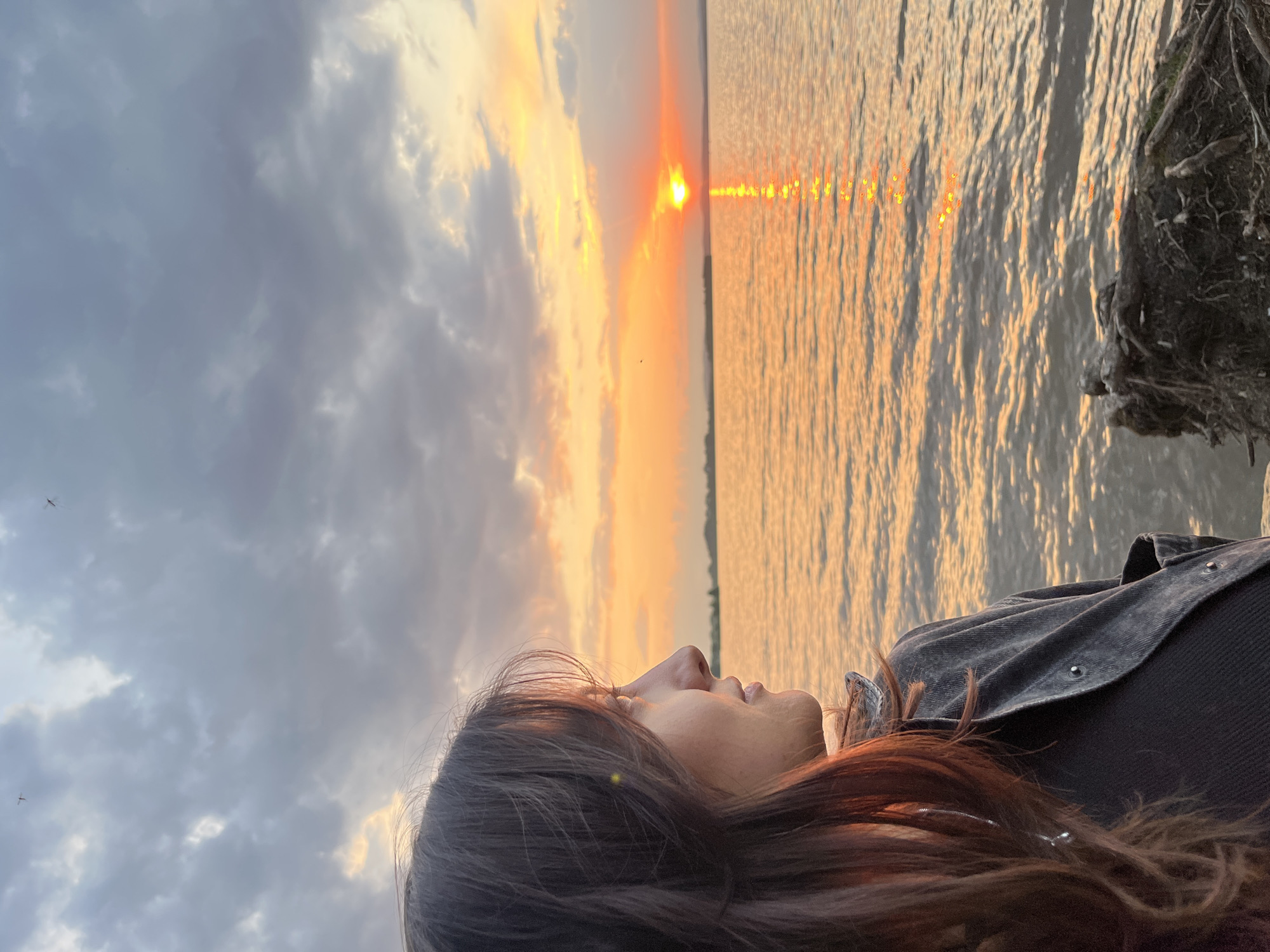 The photograph captures a profile view of a woman lying on the ground next to a body of water, most likely a lake or reservoir, at sunset. She is wearing a dark-colored shirt or jacket. Her head is tilted upwards, and she appears to be looking towards the setting sun. The sky is filled with clouds, varying from dark gray to golden hues as they reflect the sunset. The sun is low on the horizon, and its reflection is visible on the water's surface. The water appears to be slightly turbulent. Some dark, possibly wooded, land is visible in the far right. There are what appear to be 2 birds flying above.
Without any additional information or data, it is not possible to confirm the location in Yekaterinburg, Russia, or any other specific geographic data.