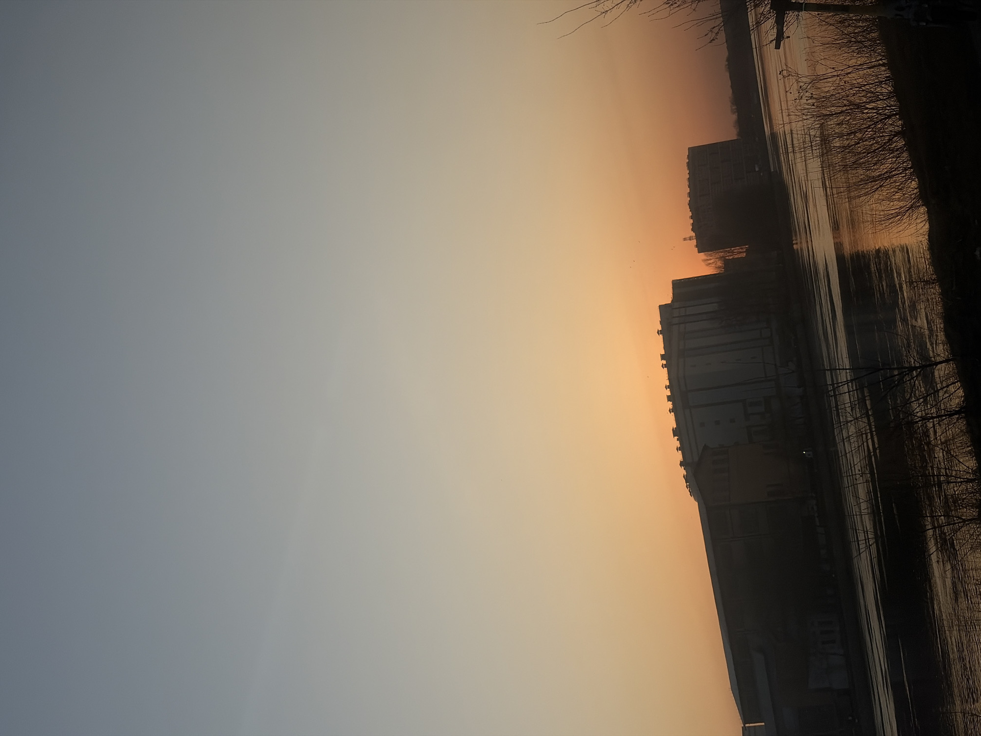 The image captures a dusky cityscape along a waterfront, most likely in Saint Petersburg, Russia, due to the typical architecture and the prominence of water bodies in the city. The scene is dominated by the hues of sunset, transitioning from a lighter blue-gray in the expansive sky to a warm orange where the sun presumably sets. The buildings appear silhouetted against the gradient sky, revealing their blocky Soviet-era architectural style. Reflections of the buildings shimmer in the water, indicating a calm surface. Bare tree branches line the edge of the waterfront, adding a stark contrast to the soft colors of the sky and water. There are no discernible people visible, and the overall atmosphere is tranquil and somewhat melancholic. The photo appears to have been taken close to the water level.