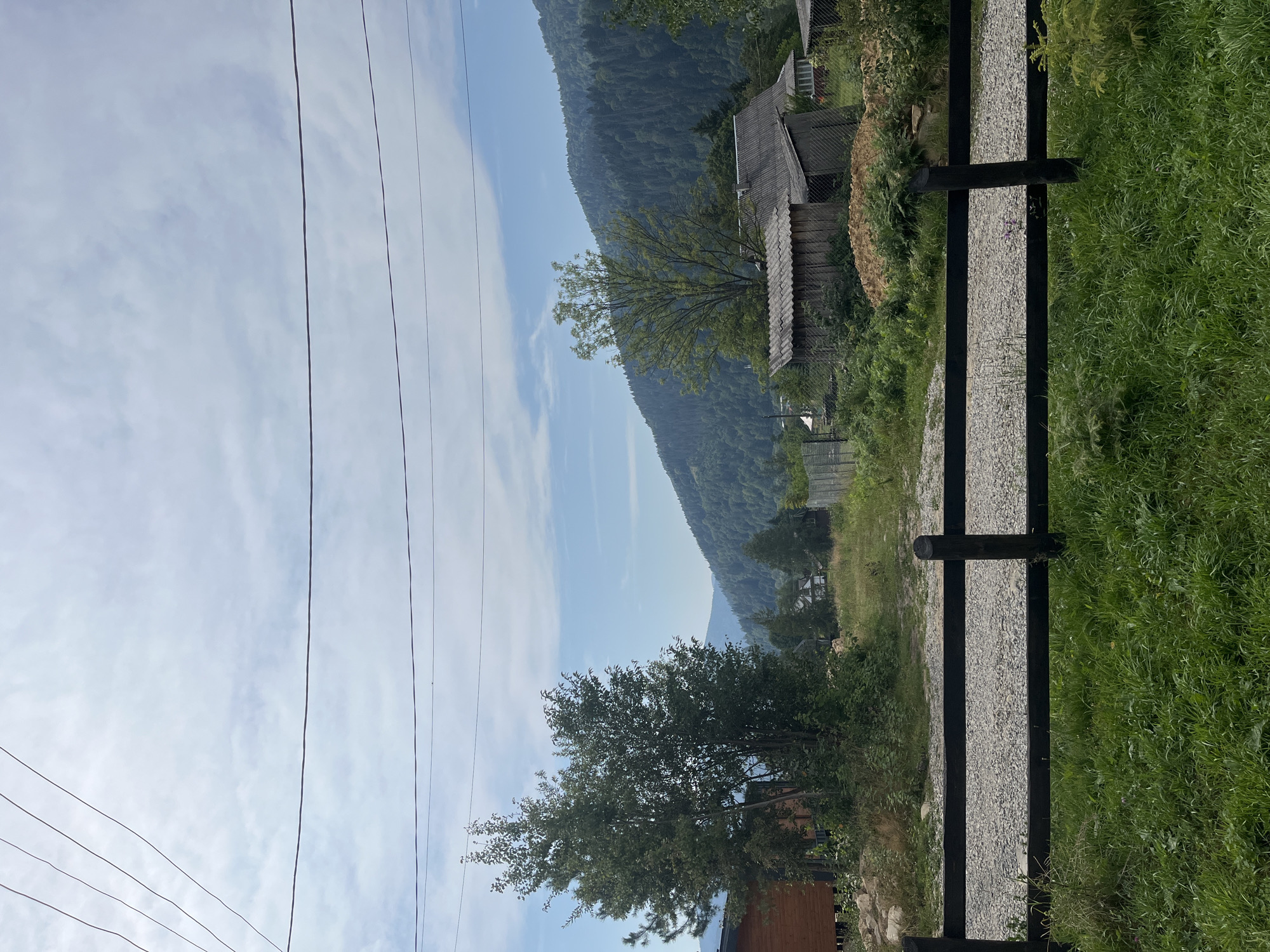 The image shows a rural landscape with a wooden fence in the foreground. Beyond the fence, a gravel path leads towards a cluster of buildings and dense trees. In the background, a large, tree-covered mountain rises under a partially cloudy sky. The scene appears to be located in the city of Mykulychyn, Ukraine.