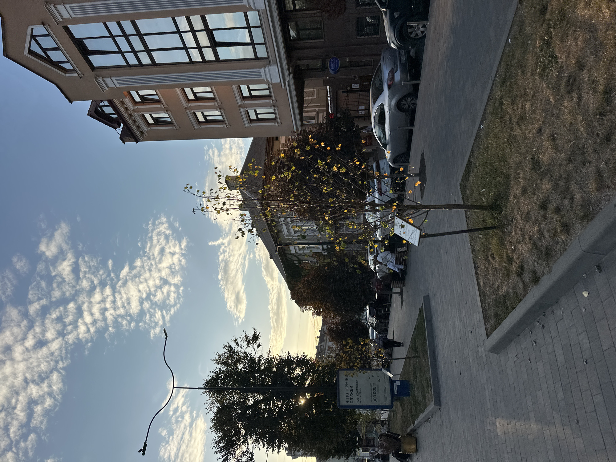 The image captures a street scene in Ternopil, Ukraine, likely during the late afternoon or early evening, indicated by the warm, golden light filtering through the trees and the angle of the sun. The composition shows a sidewalk paved with gray interlocking bricks, bordered by a strip of dry, brown grass and small trees. To the right, a modern, multi-story building with beige siding and large, dark-framed windows dominates the view. Its architectural style suggests a commercial or residential purpose. On the left side of the sidewalk, there's a tall, dark-colored lamppost with a curved arm. Further left, a large, dark-green tree partially obscures the setting sun. A blue advertising stand is visible near this tree. A few people are present on the sidewalk, some seated on benches and others walking. Several cars are parked along the street. In the foreground, a small tree with yellowing leaves adds a touch of autumnal color. The sky above is a clear blue with scattered, wispy white clouds.