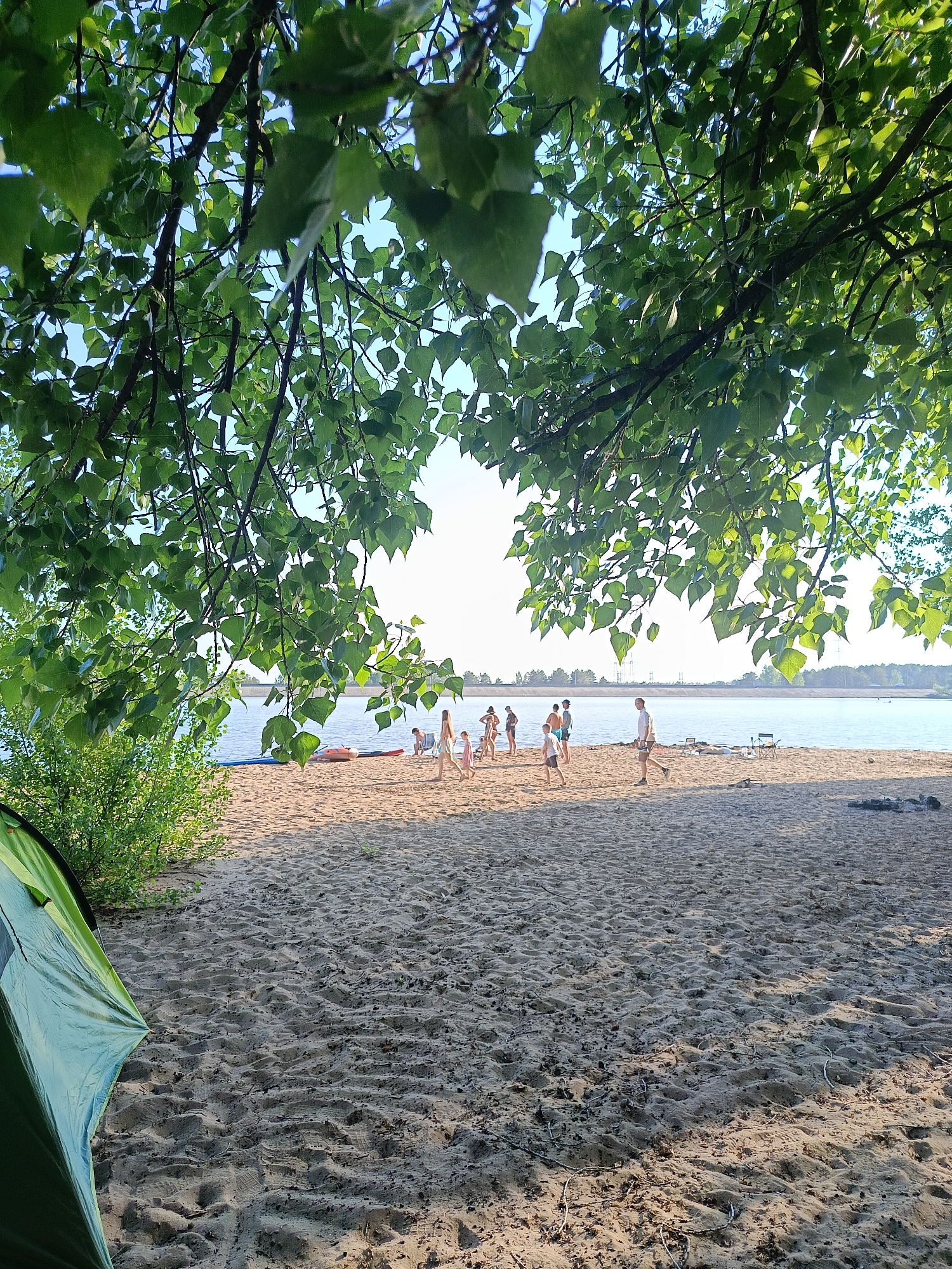 The image depicts a beach scene with a group of people near a body of water. The foreground features a sandy beach with visible footprints and a green tent in the lower left corner. A bush is present behind the tent. A group of people, including adults and children, are dispersed near the water's edge. Some individuals are standing, while others appear to be walking or interacting. Two inflatable boats and other personal items are visible on the sand near the water. The water extends into the distance. The background shows a tree-lined horizon, potentially indicating the opposite shore. The scene is partially framed by tree branches and green foliage in the upper part of the image. A used fire pit is located on the beach. The location is Chaikovsky, Russia.