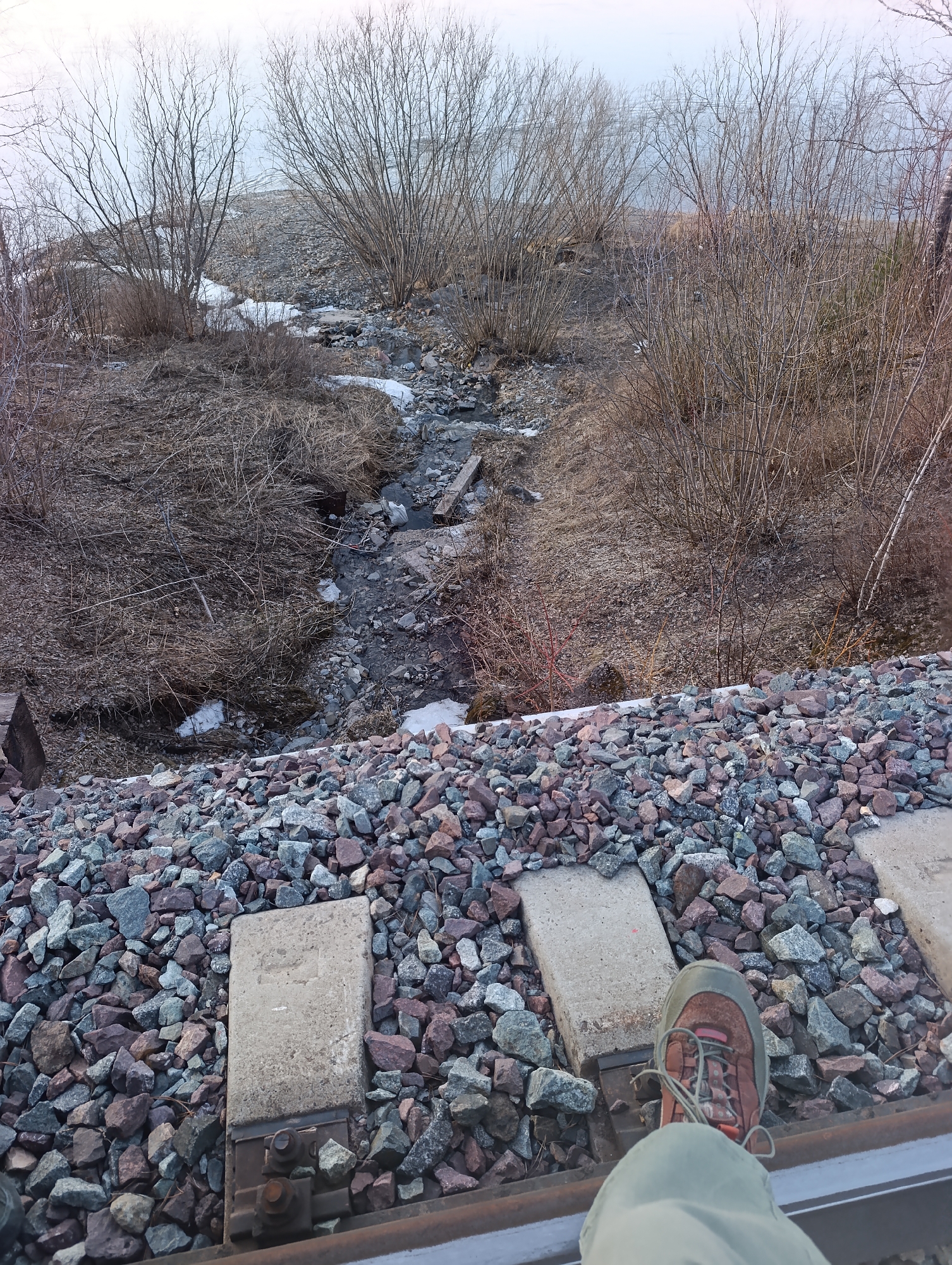 The image shows a view from a set of train tracks. The tracks are covered with gravel. A single foot wearing a hiking shoe rests on a railroad tie. Beyond the tracks, a small ravine runs downhill, with sparse vegetation consisting of brown grass, bare bushes, and a few patches of snow. In the distance, a body of water is visible under a pale sky.
The location is not specified in the image, nor is it possible to discern the location from the available details. Claiming the location is in Krasnoyarsk, Russia, would be inaccurate without additional information.