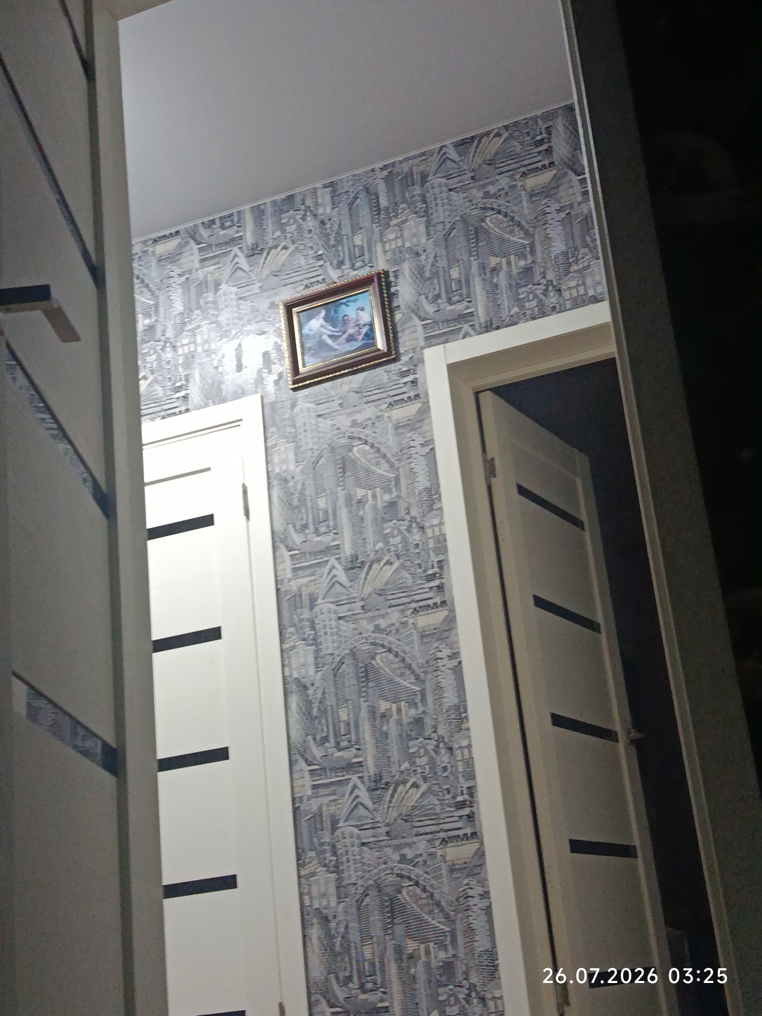 The image shows a hallway with two doors. The door on the left is ajar, revealing a dark interior. The door on the right is also ajar, showing more of the dark interior. The walls are covered in wallpaper with a city skyline pattern. A small framed picture is hanging on the wall between the two doors. The timestamp on the image indicates it was taken on July 26, 2026, at 03:25. The location is identified as Oblivskaya, Russia.