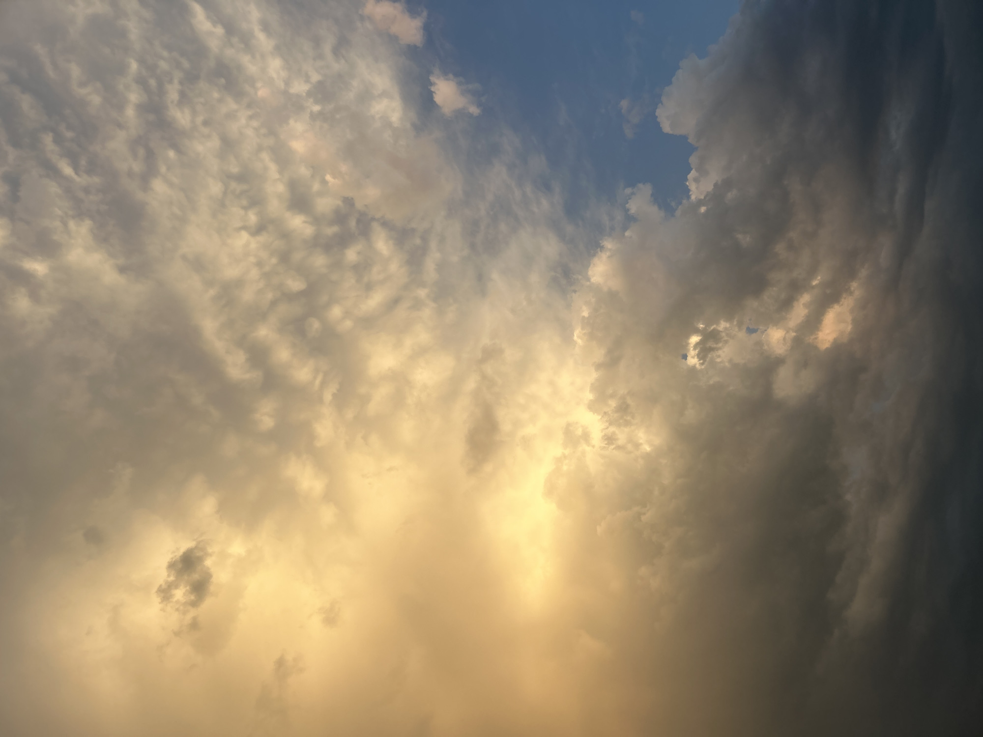 This is a photograph of a sky filled with dramatic clouds, likely captured during either sunrise or sunset due to the warm, golden light illuminating the left side of the frame. The clouds are varied in texture and density, with some appearing thin and wispy, while others are thick and shadowed. The right portion of the sky shows a clear patch of deep blue. There are no people, subjects, or specific objects visible in the image, nor are any actions or interactions depicted. The image focuses solely on the natural atmospheric phenomenon of the clouds. The location in Krasnodar, Russia is not discernible from the visual information presented in the photograph.