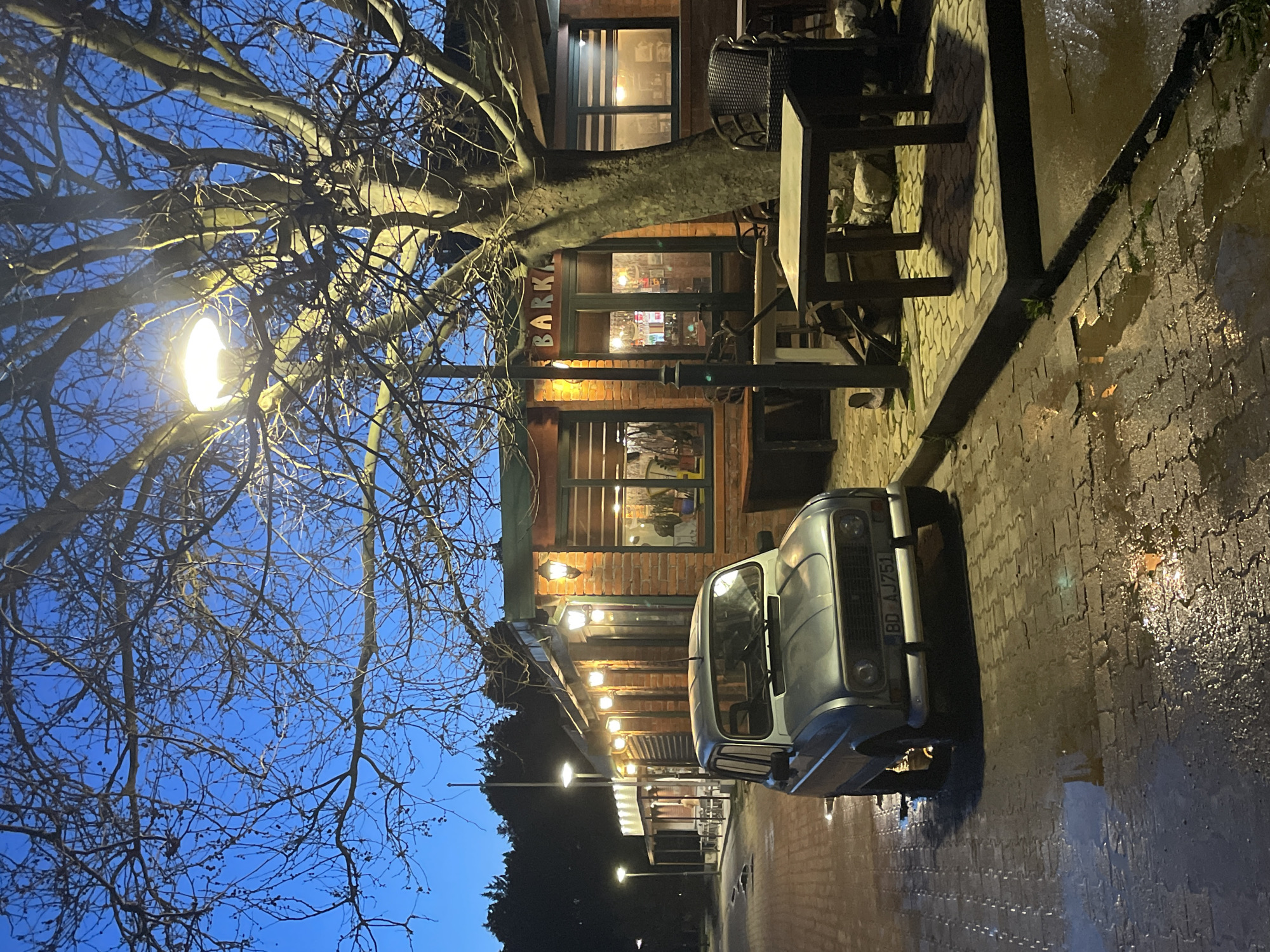 The image depicts a twilight or early night scene in Boreti, Montenegro, featuring a light metallic blue/silver Renault 4 automobile parked on a wet, dark cobblestone street. The car faces the viewer at a slight angle, displaying a front license plate reading "BD AJ751."
To the right of the vehicle, a large, bare deciduous tree with prominent branches rises from a raised paved area, its canopy illuminated by a circular street lamp mounted within its upper branches. Adjacent to the tree is a brick building, likely a restaurant or bar, with a partially visible sign displaying "BARKA." The building has a green-trimmed facade, numerous windows reflecting interior light, and several warm-toned wall-mounted exterior lamps. On the raised paved area directly in front of the building, several outdoor tables and wicker chairs are arranged.
The cobblestone street is visibly wet, with puddles reflecting the artificial light sources and the building's facade. In the background, to the left of the building, a line of dense forest is silhouetted against the dark blue twilight sky. Additional street lamps line the road further down to the left. No identifiable individuals are clearly visible in the foreground or mid-ground.