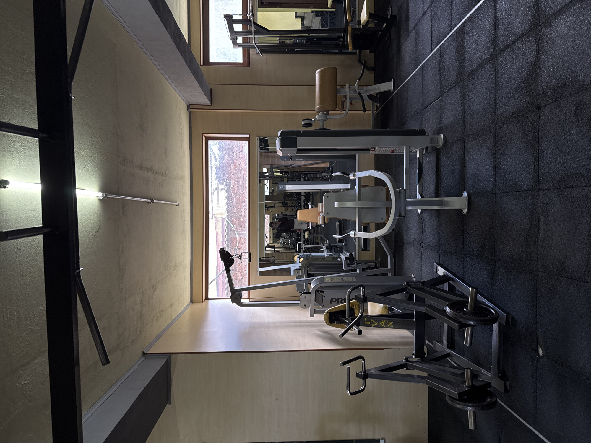 The image depicts the interior of a gym. A variety of weight machines are positioned along a wall with windows. The floor is black. Fluorescent lighting is visible on the left wall. The location is Goce Delcev, Bulgaria. There are no people visible in the immediate foreground, but several individuals can be seen in mirrors in the background.