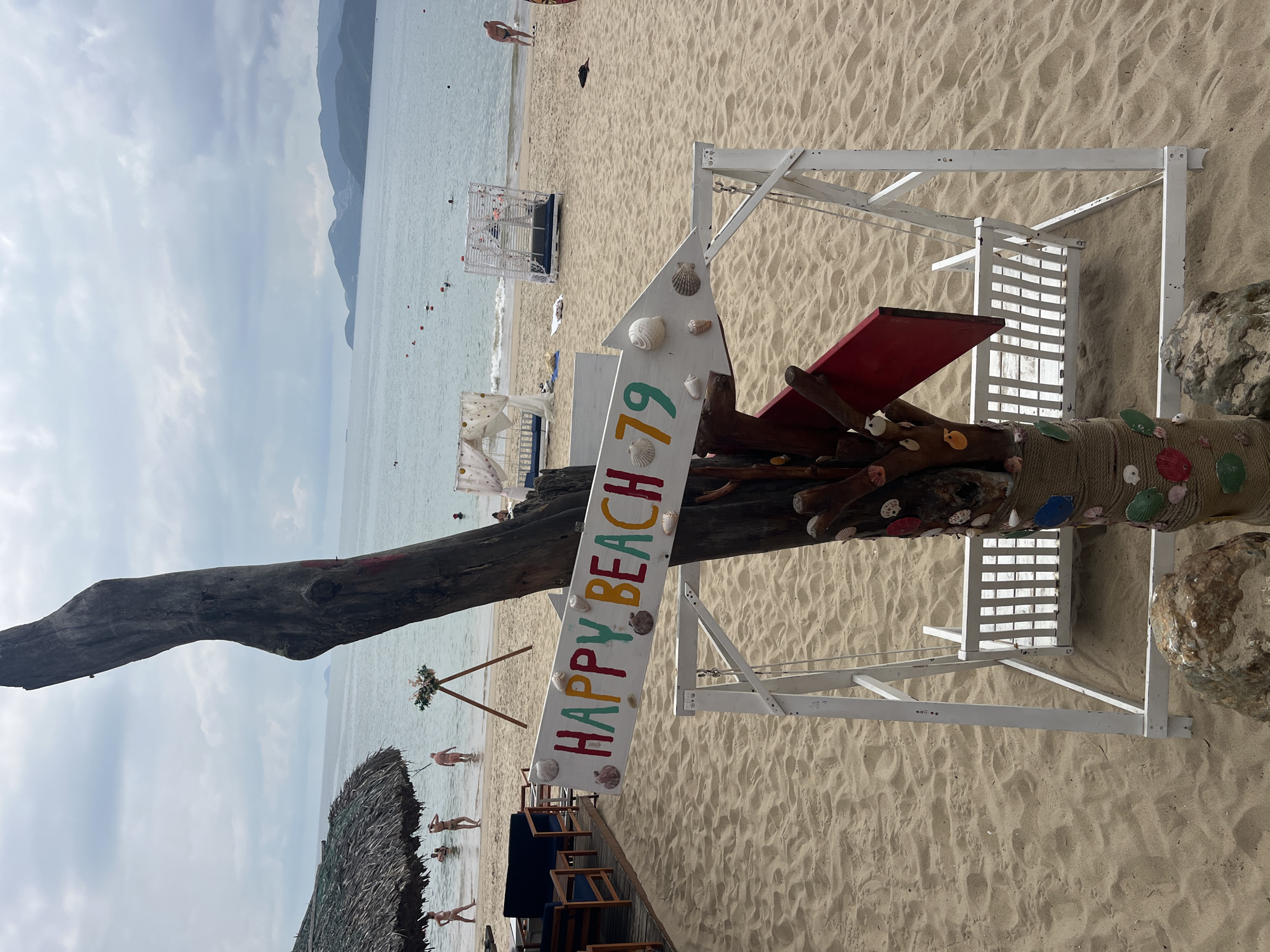 The image shows a beach scene, likely in Nha Trang, Vietnam, judging by the beach type and style. A sign reads "HAPPY BEACH 79", pointing towards the ocean, attached to a weathered wooden structure decorated with seashells. A white wooden frame supports the sign. The background shows a sandy beach with people, sunbeds, and shelters along the shoreline. The ocean stretches into the distance, meeting the horizon under a cloudy sky. Mountains are visible on the horizon.