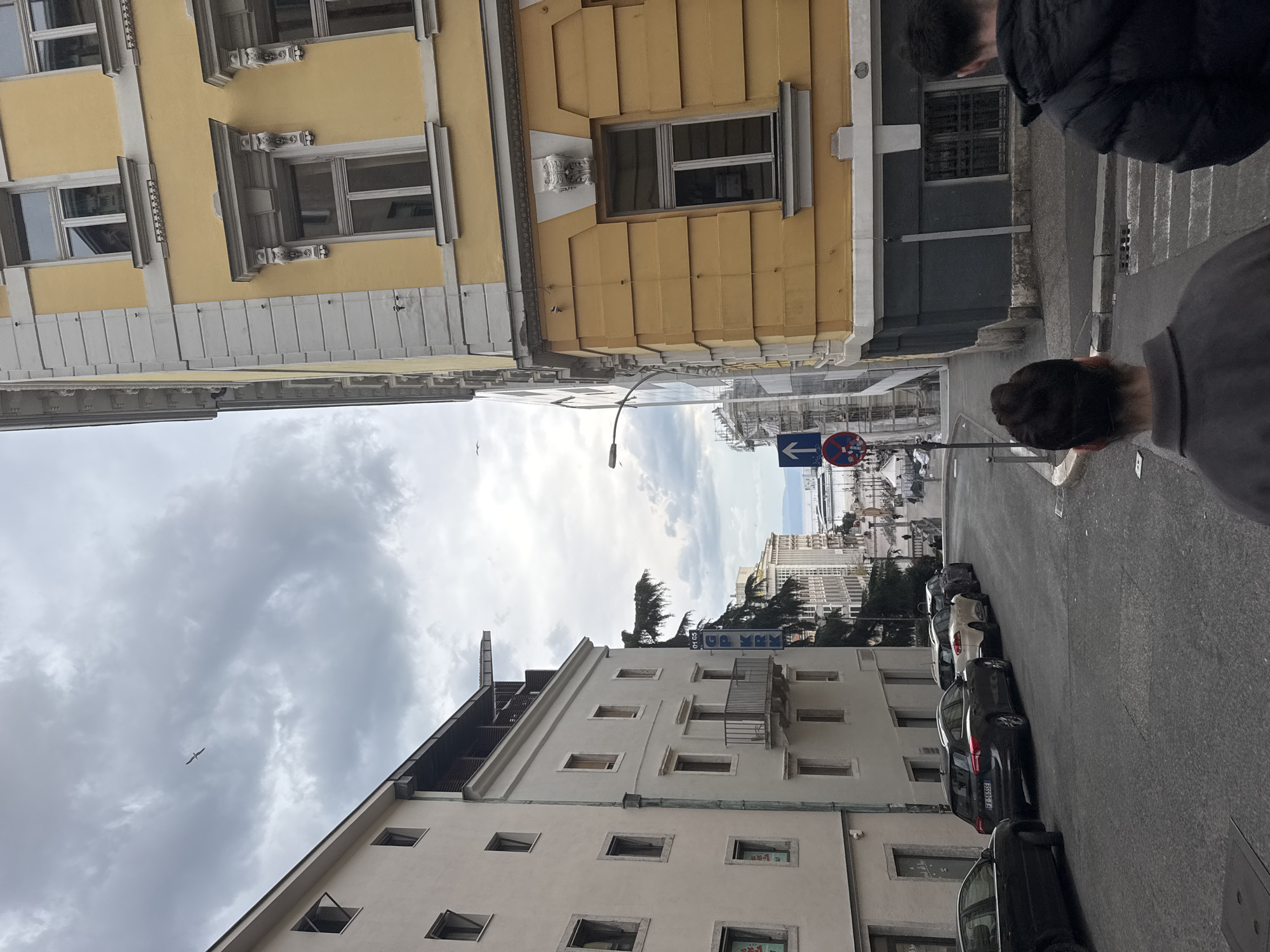 The image depicts a street in Grad Rijeka, Croatia. Two people are partially visible on the right side of the frame. Buildings line both sides of the street, with a beige building on the right and a yellow building on the left. Cars are parked along the side of the street. A street sign is visible, indicating a left turn and a no-entry direction. The sky is cloudy and overcast. The Adriatic Sea is visible in the distance, along with other buildings further away.