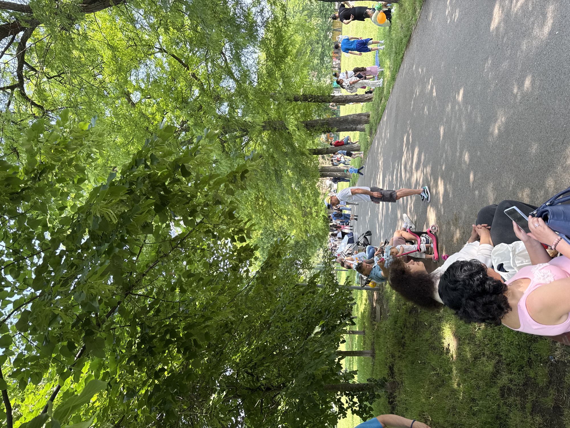 This image depicts a bustling urban park pathway in Sofia, Bulgaria, on a clear, sunny day. The wide, paved path is bordered by lush green grass and mature Linden trees (Tilia), which cast dappled shadows. Numerous people of various ages are present, engaged in leisure activities.
In the foreground on the left, three women are seated on a bench. The closest woman, with dark curly hair, wears a pink tank top and looks at a smartphone, holding a blue handbag. Next to her, a woman with dark, voluminous curly hair wears a white top, observing the scene with clasped hands. Further down the bench, a woman in a blue top is seated near a child in a pink push scooter, with an adult male nearby.
On the path, a man in a white short-sleeved shirt, dark shorts, and a white baseball cap stands, looking towards the left. A young child in a blue shirt walks further along the path. The pathway extends into the background, populated by several other individuals walking.
On the grassy area to the right of the path, various small groups are gathered. A man in a blue t-shirt and dark shorts stands near a young girl in a pink dress, who is on the grass, possibly on a blue mat. Another man in a black t-shirt is visible further right, and a person in a light green shirt is seated on the grass holding an orange balloon. Multiple strollers are scattered among the groups. The scene is consistent with a popular recreational area in Sofia, such as Borisova Gradina or South Park.