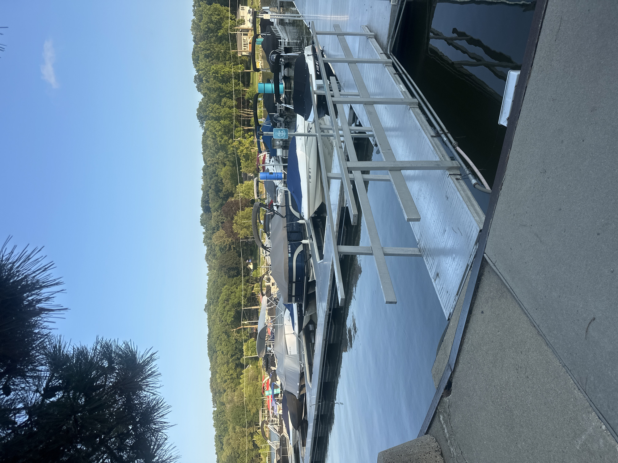 The image shows a marina with several boats docked on a calm body of water. The boats are covered with tarps, except for a few that are partially visible. There is a wooden dock with a metal railing extending into the water, providing access to the boats. In the background, there is a shoreline covered with trees and some houses. The sky is clear and blue, with a few white clouds. The overall scene suggests a peaceful and quiet morning at the marina.