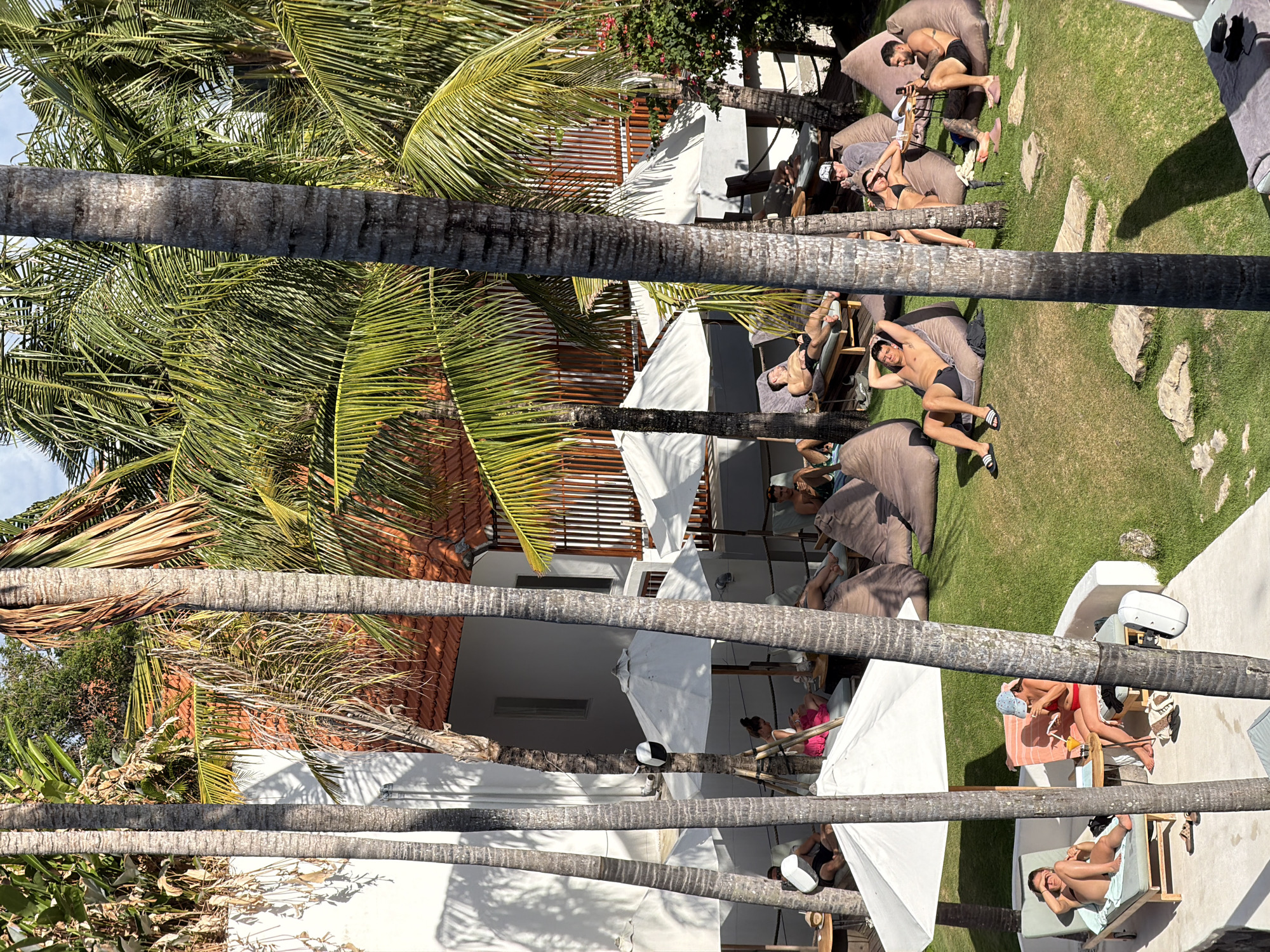 This image captures a vibrant scene at a resort in North Kuta, Indonesia, likely during daylight hours given the bright sun and shadows. The foreground is dominated by the textured trunks of several palm trees, which partially obscure the view of the main area. Beyond the trees, a well-maintained grassy lawn is dotted with beanbag chairs and lounge chairs, occupied by individuals relaxing.
In the mid-ground, several people are visible. On the left, two individuals are seated on lounge chairs under a white umbrella. One, a woman, is holding a drink and a piece of food. The other, a woman, is lying on a lounge chair, shielding her eyes from the sun. Further back and to the right, a group of people are scattered across beanbag chairs. One man is lying on his back with his hands behind his head, another is seated looking at his phone, and a woman is reclining with her hand raised to her forehead. There are also a few people on lounge chairs in the background, some under umbrellas.
The environment appears to be a resort or a similar leisure facility, with white buildings and thatched roofs visible in the background, interspersed with lush green palm trees and tropical foliage. White umbrellas provide shade in various spots. The overall impression is one of leisure and relaxation in a tropical setting.