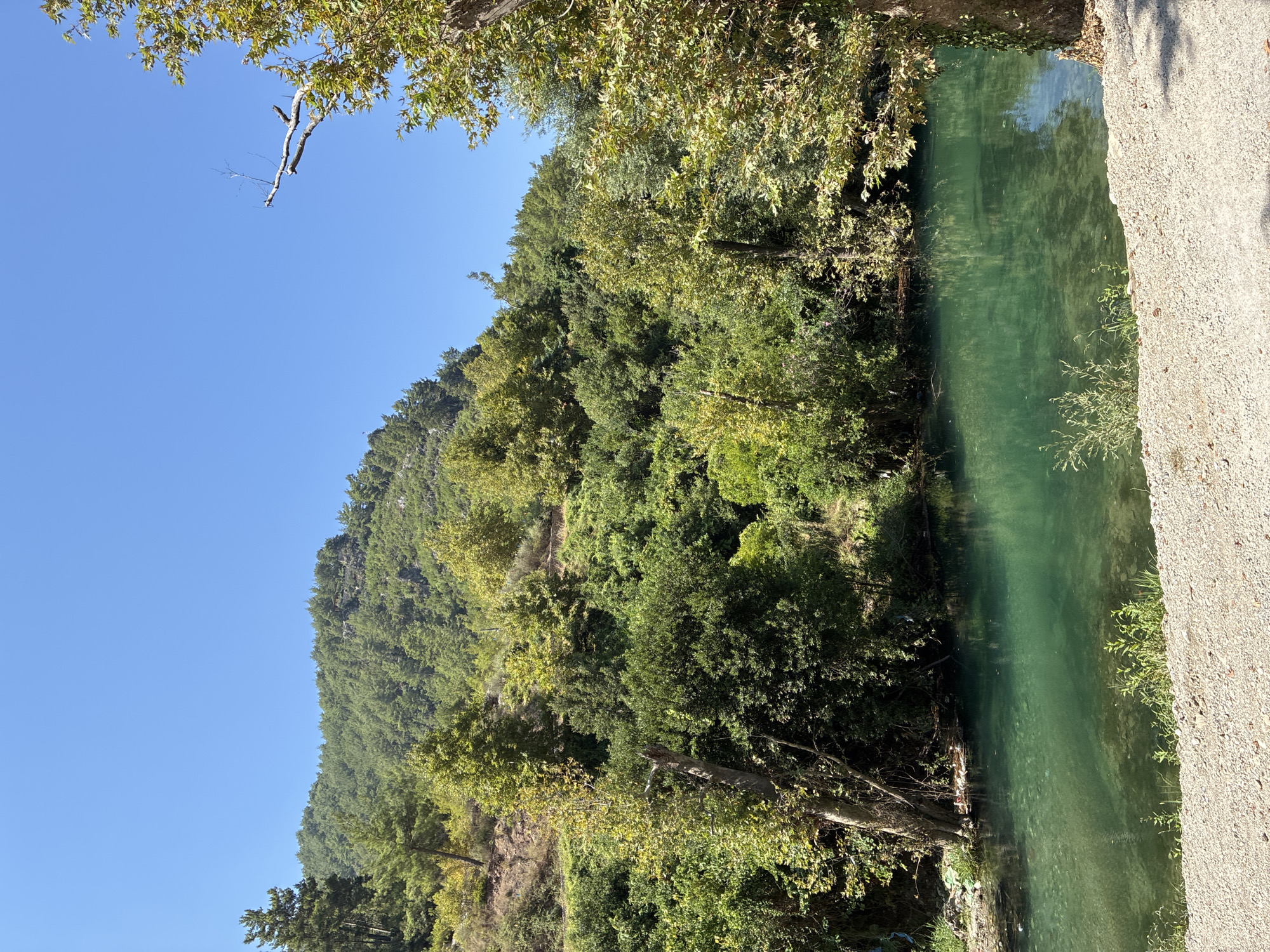 The image depicts a serene natural landscape featuring a clear, turquoise river flowing through a verdant environment. On the right bank, a coarse, gravelly path leads to the water's edge. The river is shallow enough in some areas to reveal its rocky bed. Lush green trees and dense foliage cover the slopes of a mountain that dominates the background, stretching towards a clear blue sky. The vegetation is a mix of various tree types, with some showing hints of yellowing leaves, suggesting the season might be transitioning towards autumn. Sunlight filters through the leaves, creating dappled patterns on the water and the surrounding area. The scene appears to be an undeveloped natural area, potentially a park or a remote location within or near Alanya, Turkey, offering a peaceful escape into nature. There are no people or animals visible in the frame.