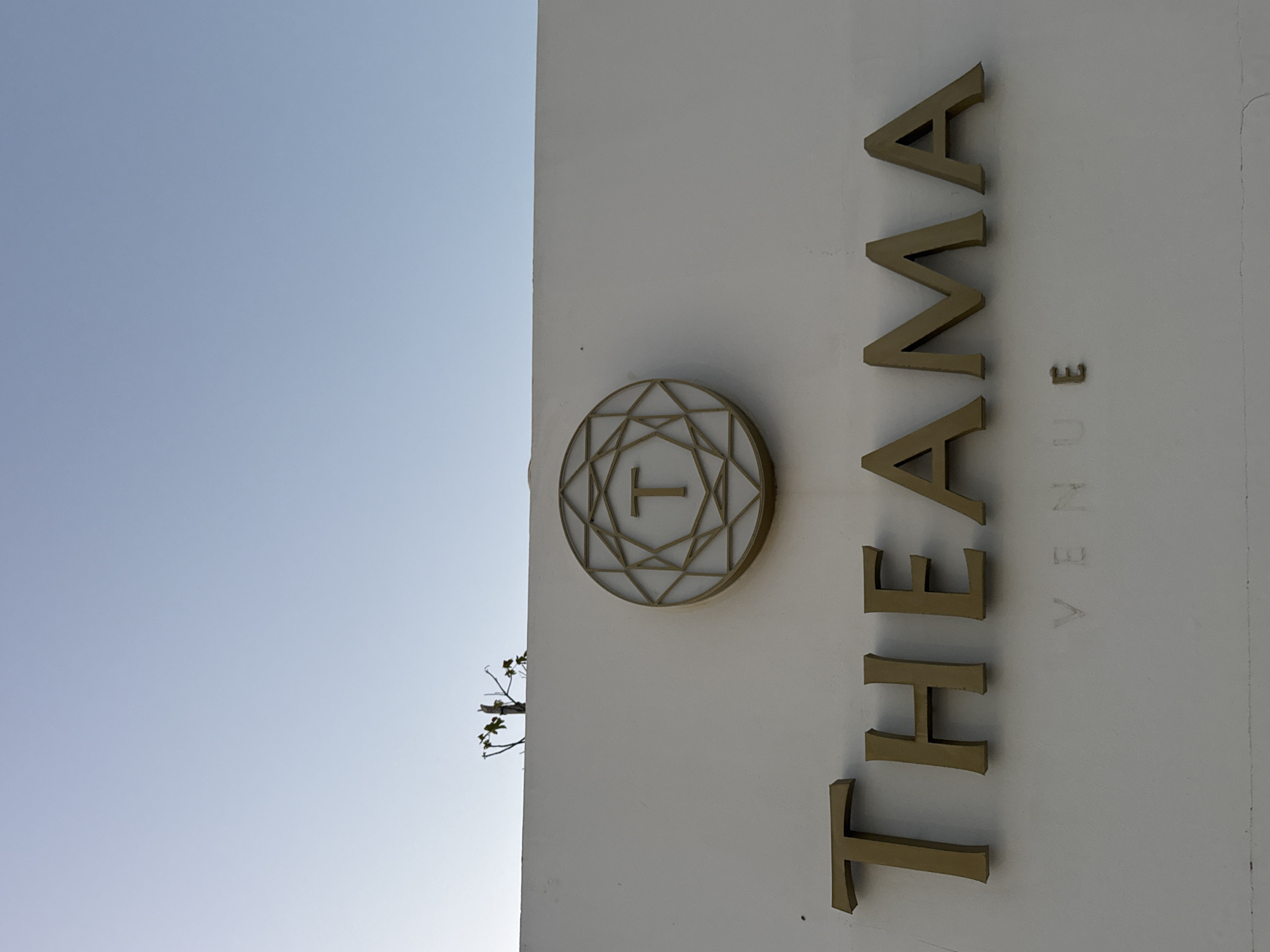The image shows a close-up of the signage for "THEAMA VENUE" in Agios Tychona Community, Cyprus. The sign features large, golden, three-dimensional letters spelling out "THEAMA", with "VENUE" written in smaller, faint letters below. Above the text, there is a circular logo with a geometric design and a prominent golden letter "T" in the center. The sign is mounted on a white, textured wall, which is illuminated by the natural light of a clear, pale blue sky. A few small, dark branches with sparse green leaves are visible against the sky, emerging from behind the top edge of the wall.
