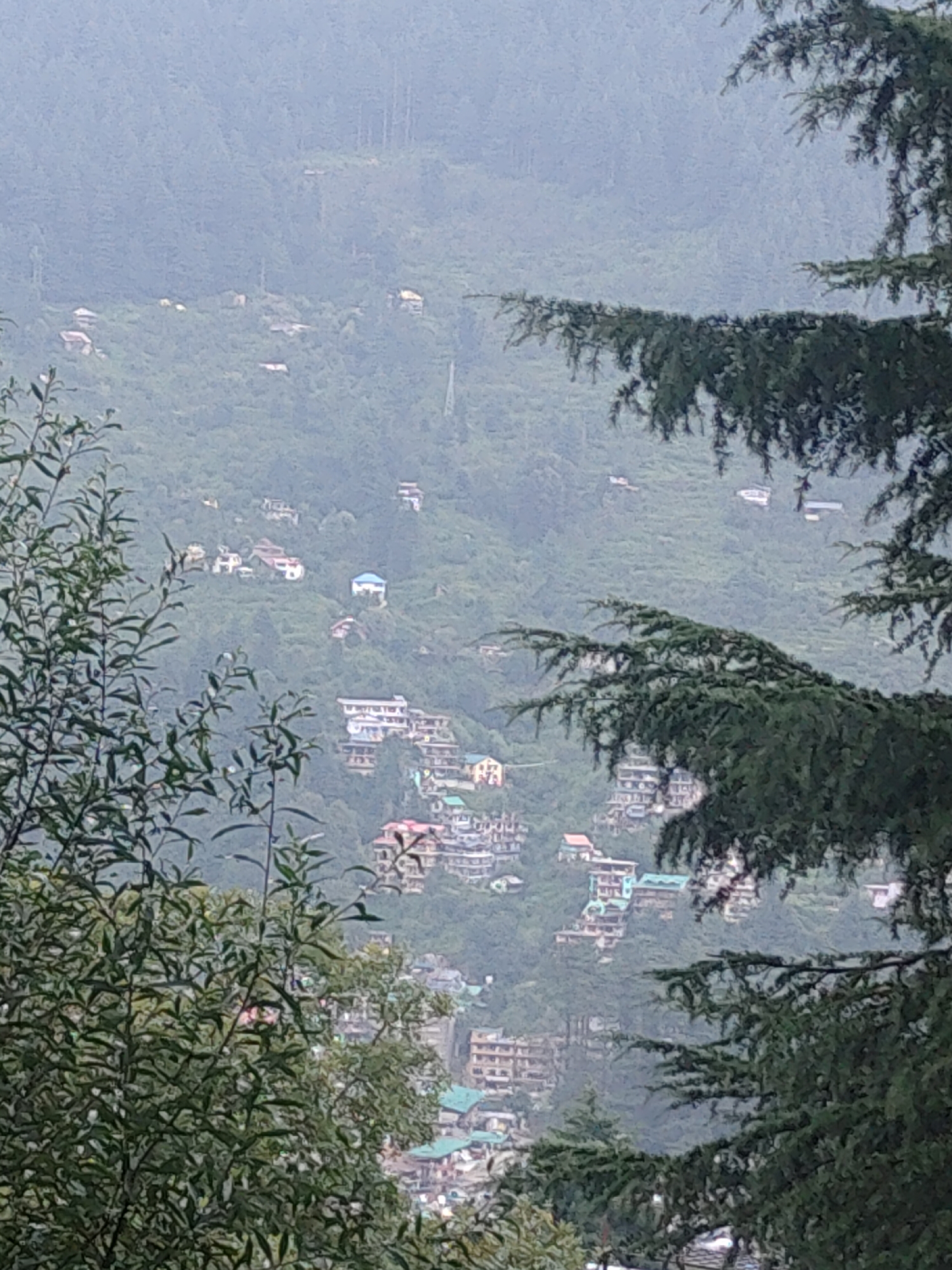 The image is a distant view of a hillside town shrouded in mist, with trees in the foreground partially obscuring the scene. The town appears to be built on a steep slope, with buildings clustered together and spread across the landscape. The architecture suggests a residential area, with many houses and some larger multi-story buildings. The overall impression is one of a somewhat hazy, possibly damp, mountainous environment.