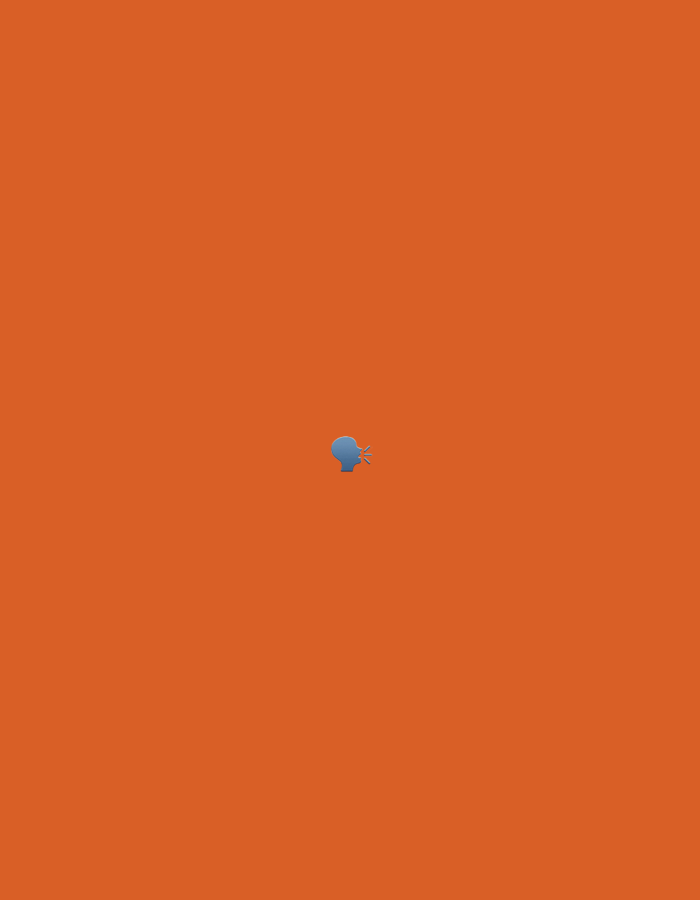 The image displays a uniform orange background. A small, stylized blue icon is positioned slightly below the vertical center and slightly to the left of the horizontal center. The icon depicts a human head in profile, facing right, with an open mouth from which three short, radiating lines extend, symbolizing speech or sound. No other subjects, objects, people, actions, interactions, or environmental details are present. The image provides no visual information pertaining to a location in the city of Santa Ana, Venezuela.