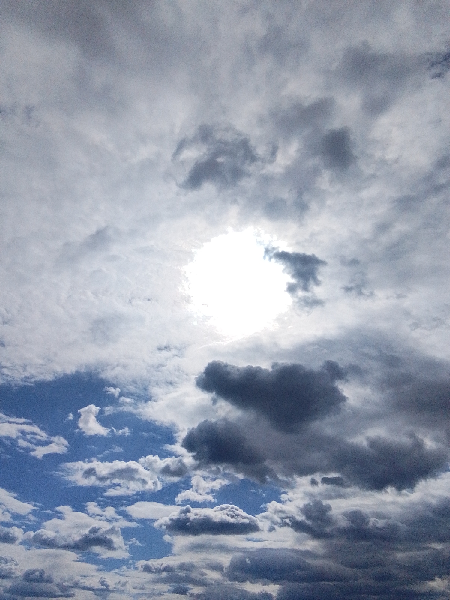 The image shows a cloudy sky in Treshchevka, Russia. The sun is obscured by a layer of clouds, appearing as a bright, diffuse circle in the upper center of the frame. Above the sun, the clouds are primarily gray and dense. In the lower portion of the image, the sky is a mix of blue patches and white, fluffy clouds. There is no evidence of people, subjects, objects, or actions.