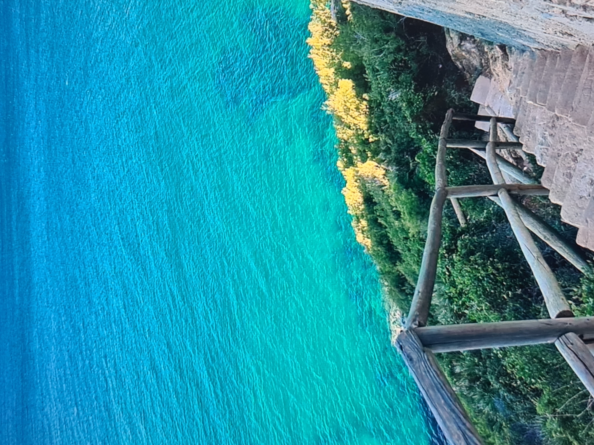 An aerial or high-angle view captures a stunning coastal landscape, looking down a steep cliff towards a vibrant turquoise-blue sea. On the right side of the image, a set of rustic stone steps descends along the cliff face, accompanied by a robust wooden railing constructed from rough-hewn logs.
The cliff is adorned with lush, verdant green vegetation, interspersed with patches of bright yellow flora, particularly prominent along the sun-drenched edges that meet the water. The sea below is incredibly clear, displaying a mesmerizing gradient of deep blue to brilliant turquoise, indicating varying depths. Its surface is gently rippled, reflecting the bright daylight.
The scene is bathed in bright, clear daylight, suggesting a sunny day, likely morning or early afternoon, with the light highlighting the textures of the water, rock, and foliage. No people are visible, emphasizing the natural beauty and serene atmosphere of the location. The image conveys a sense of a remote, picturesque coastal area, possibly a hidden cove or a scenic overlook. There is no visible text in the media file.